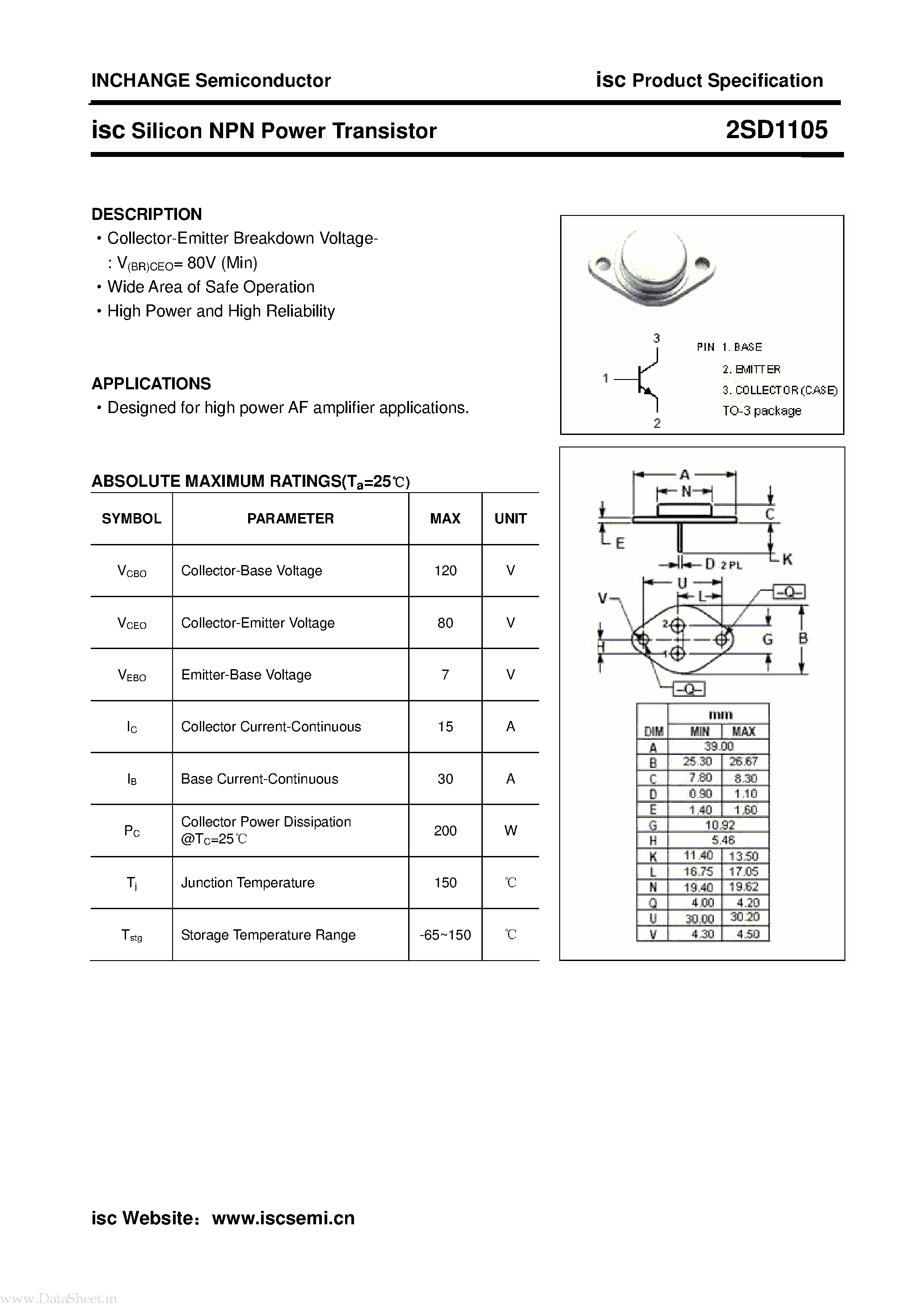 Даташит 2SD1105 - Silicon NPN Power Transistor страница 1