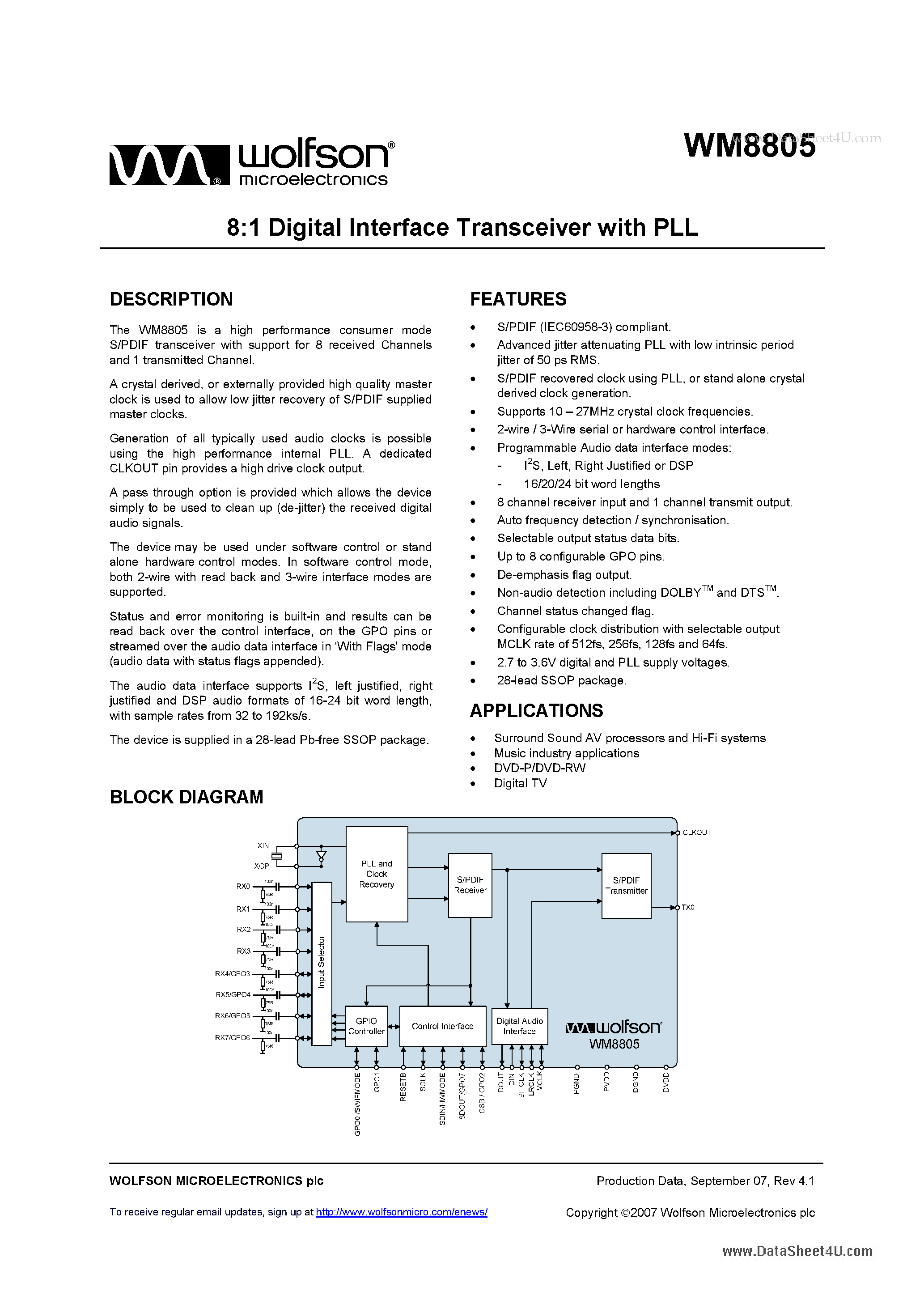 Даташит WM8805 - 8:1 Digital Interface Transceiver страница 1