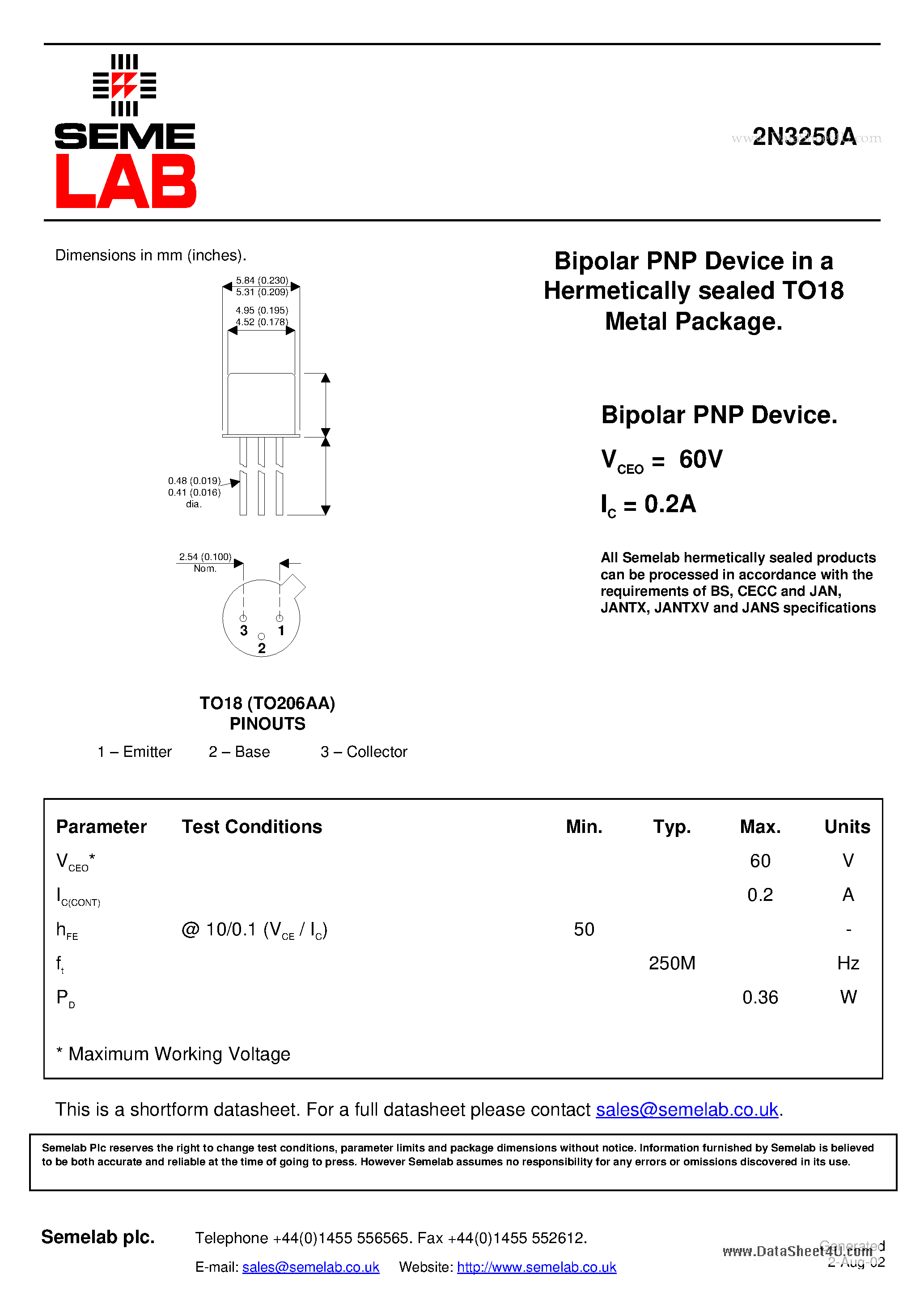 Даташит 2N3250A - Bipolar PNP Device страница 1