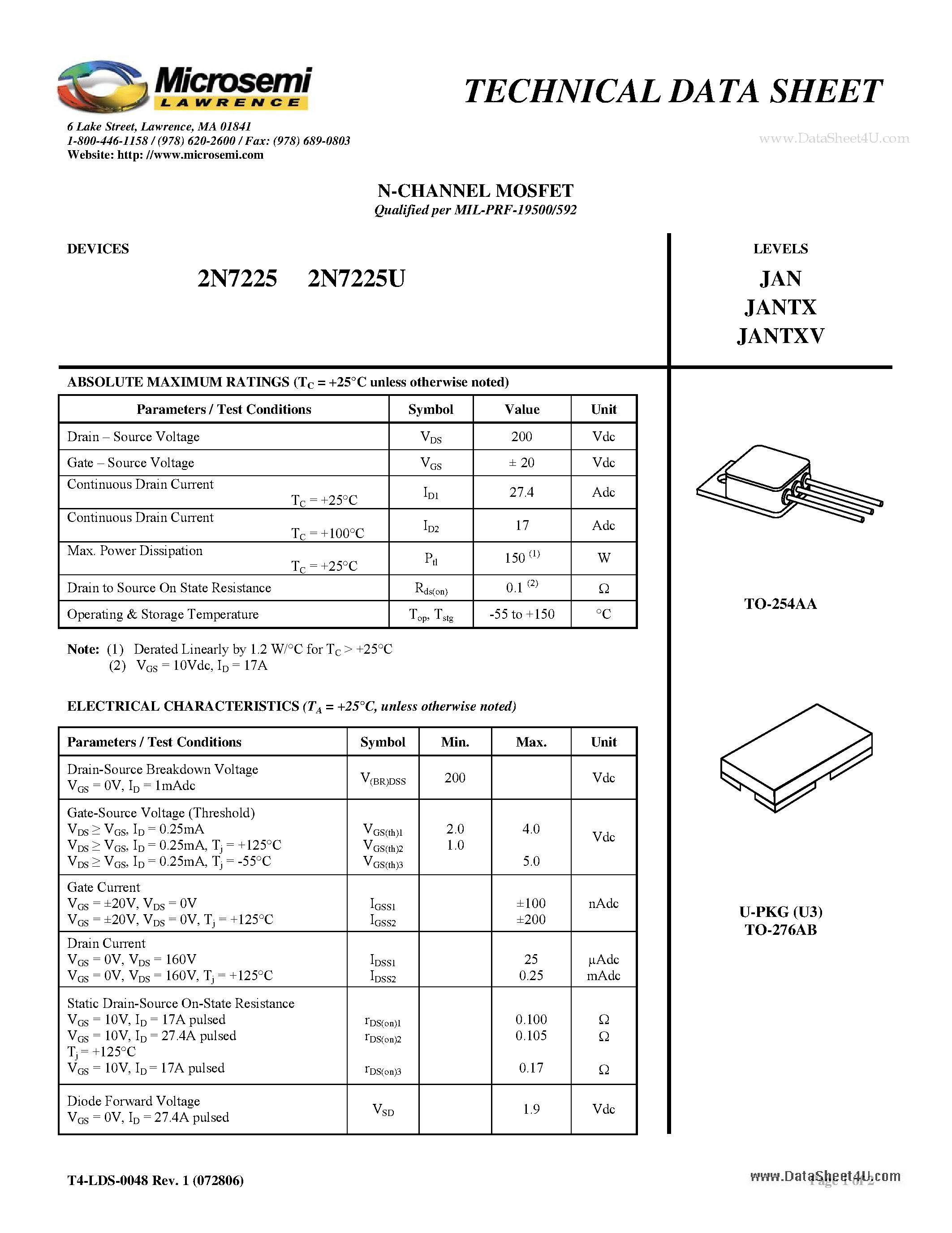 Даташит 2N7225 - N-CHANNEL MOSFET страница 1