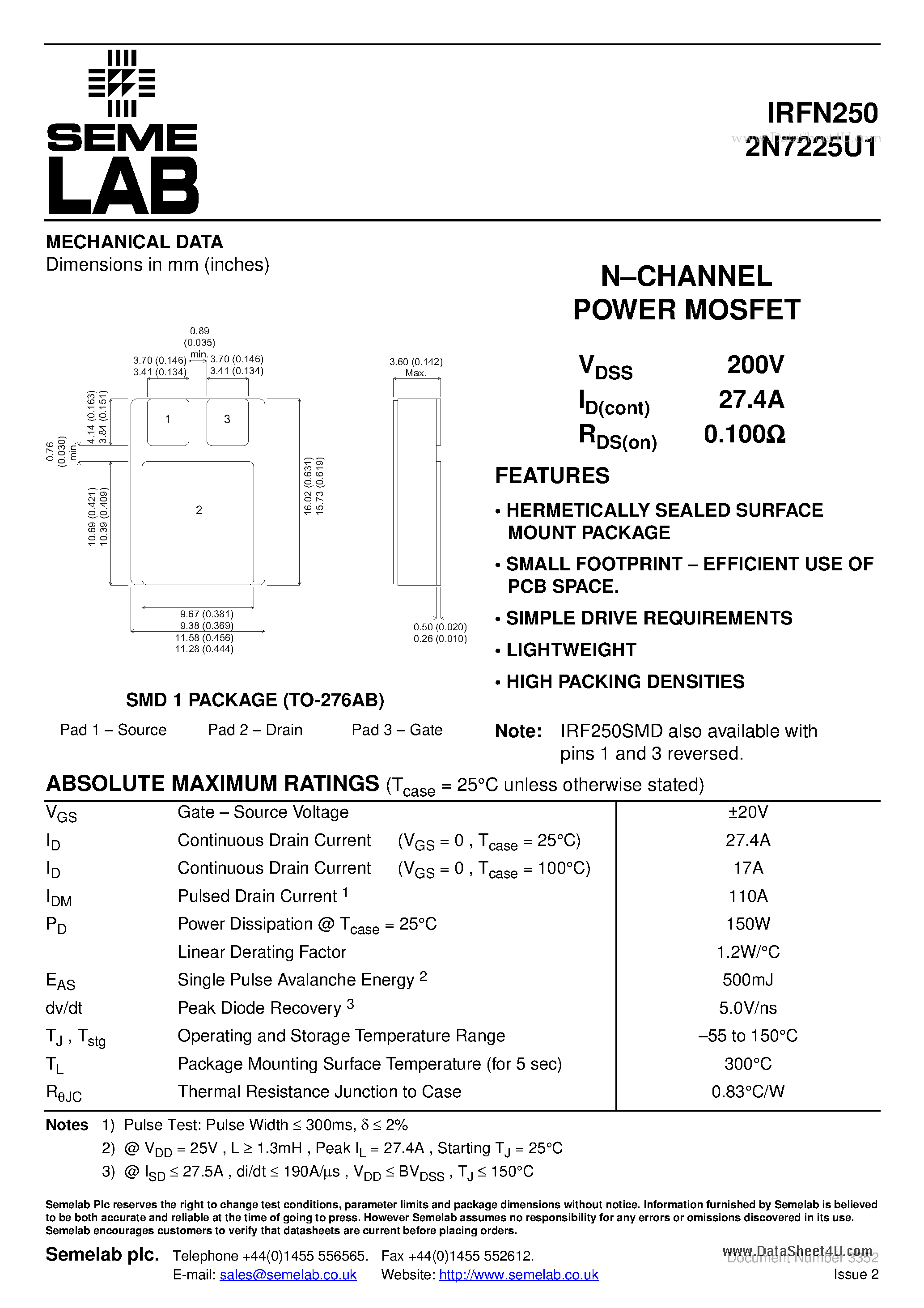 Даташит 2N7225U1 - N-CHANNEL POWER MOSFET страница 1