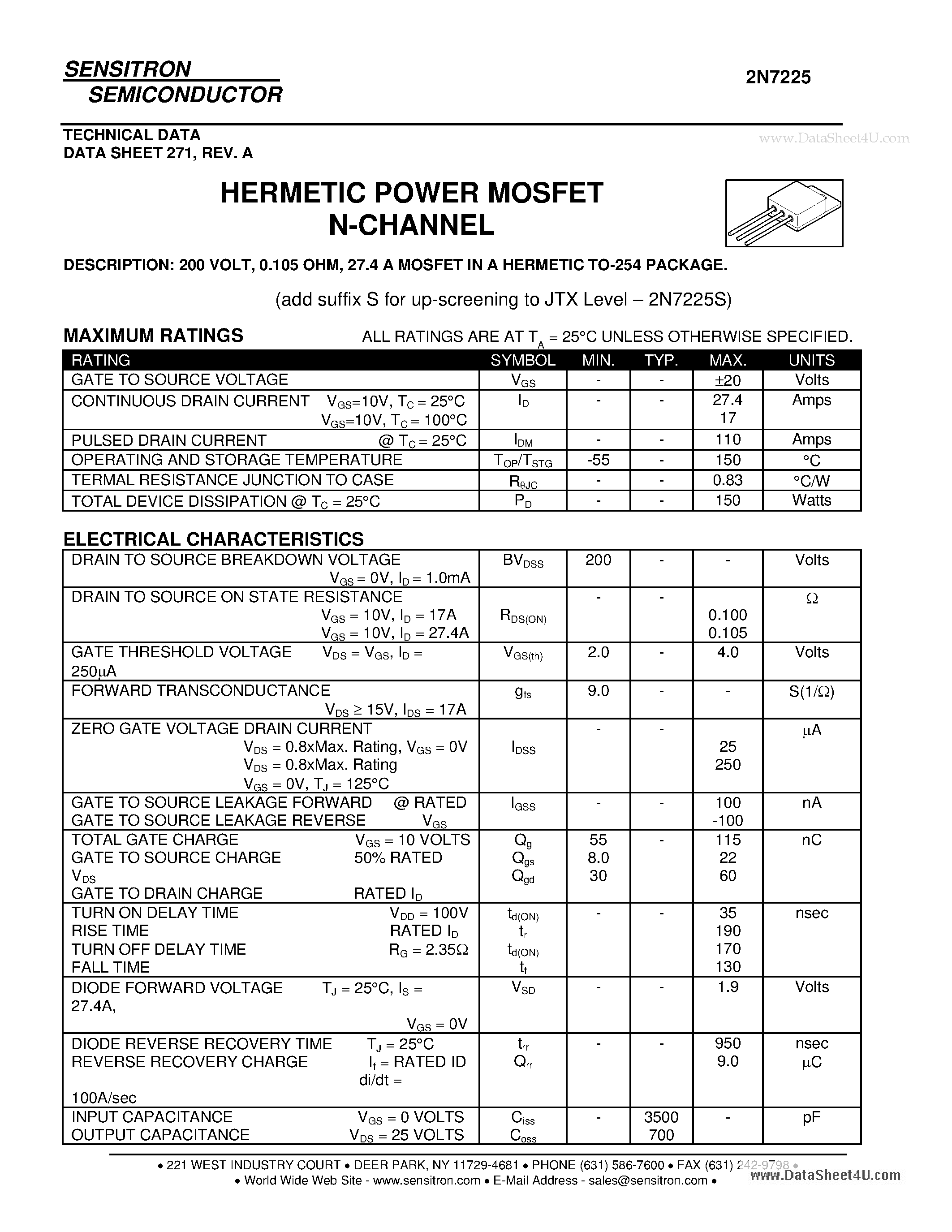 Даташит 2N7225 - HERMETIC POWER MOSFET N-CHANNEL страница 1