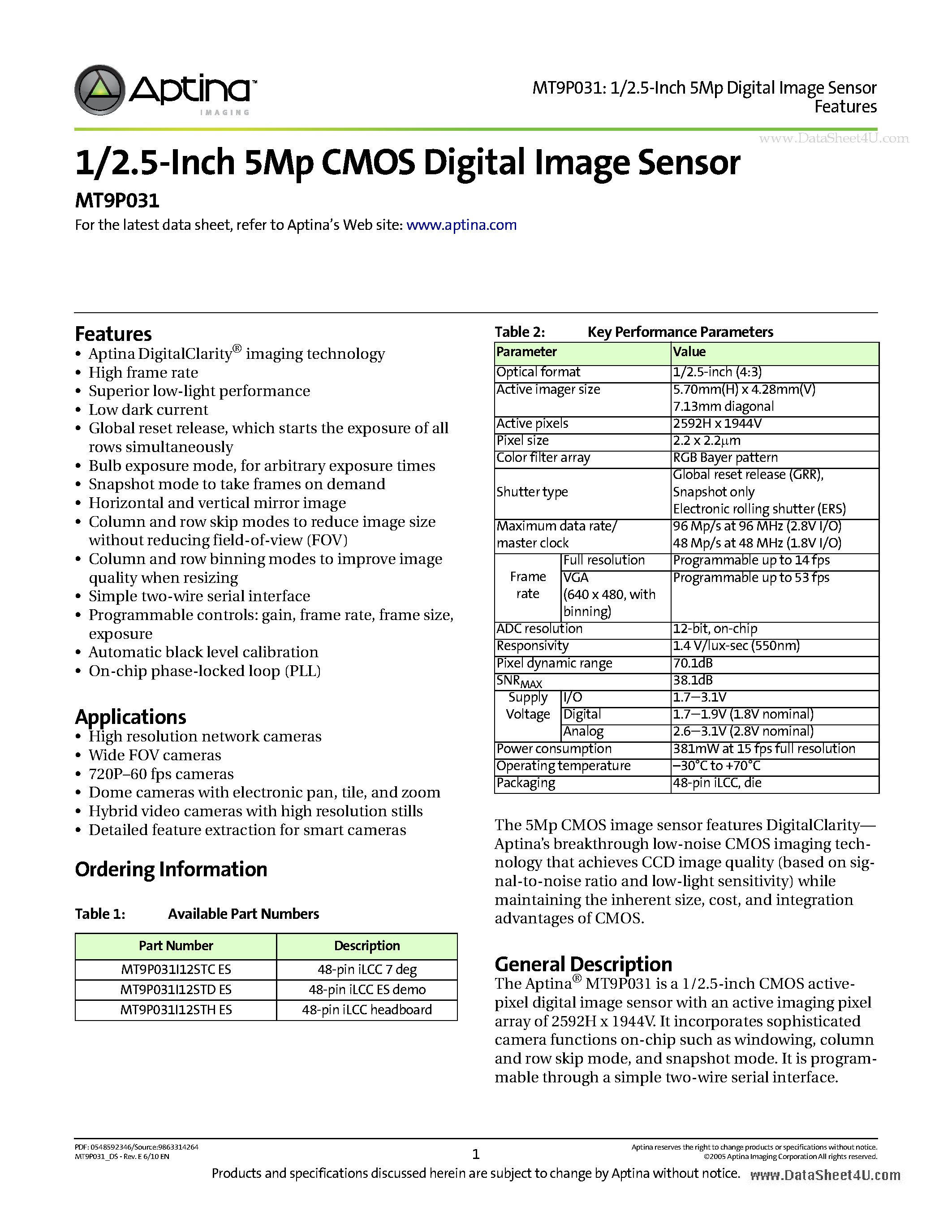 Даташит MT9P031 - 1/2.5-Inch 5Mp CMOS Digital Image Sensor страница 1