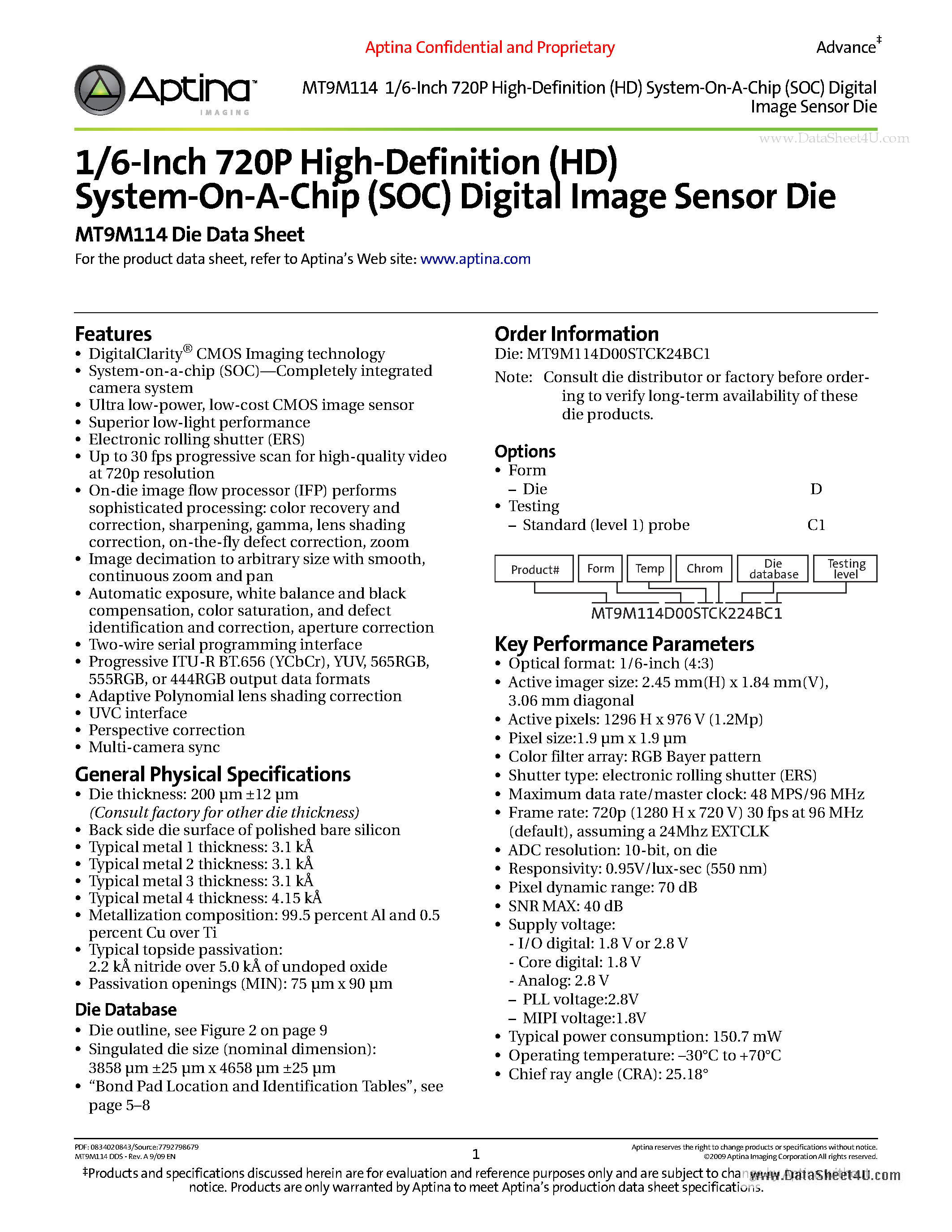 Даташит на микросхему MT9M114 страница 1 Даташит MT9M114 - 1/6-Inch 720P High-Definition (HD) System-On-A-Chip (SOC) Digital Image Sensor Die страница 1
