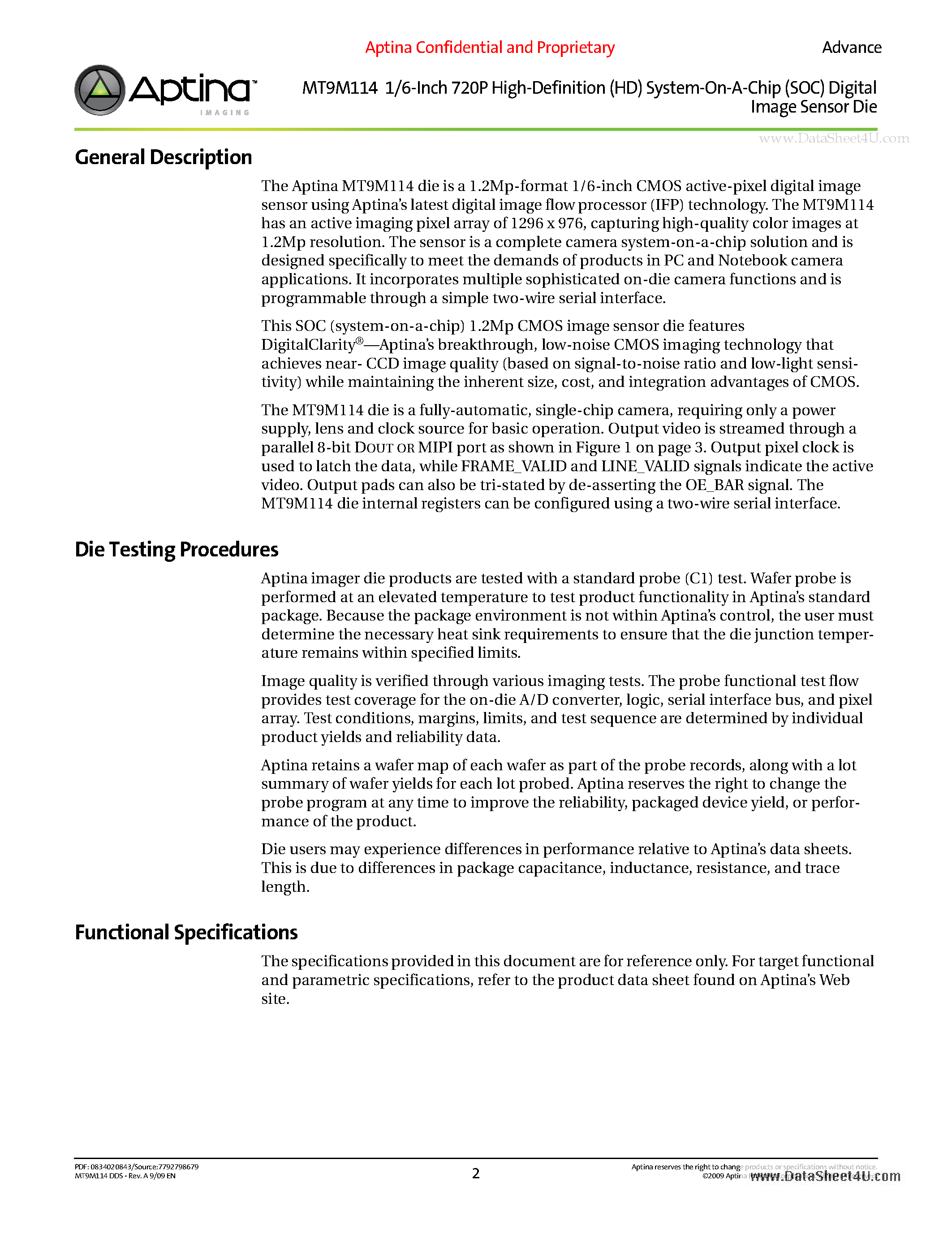 Даташит на микросхему MT9M114 страница 2 Даташит MT9M114 - 1/6-Inch 720P High-Definition (HD) System-On-A-Chip (SOC) Digital Image Sensor Die страница 2
