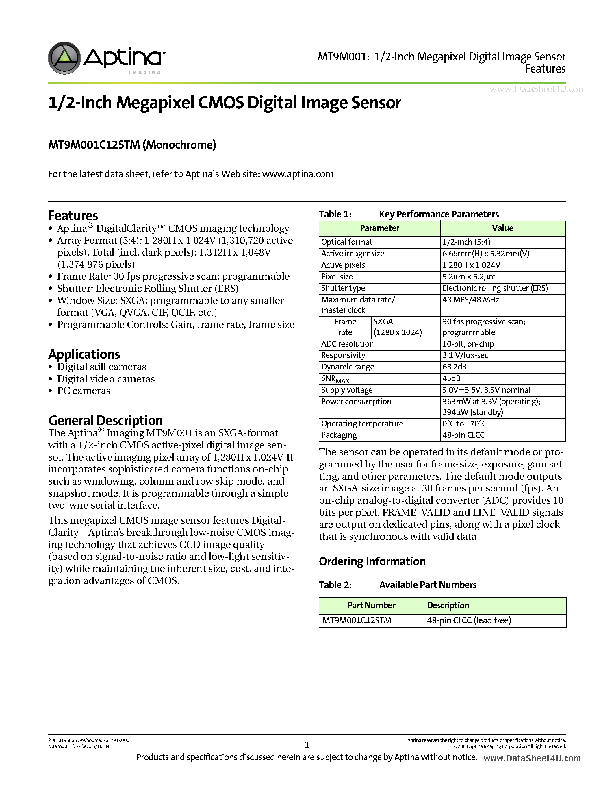 Даташит MT9M001 - 1/2-Inch Megapixel CMOS Digital Image Sensor страница 1