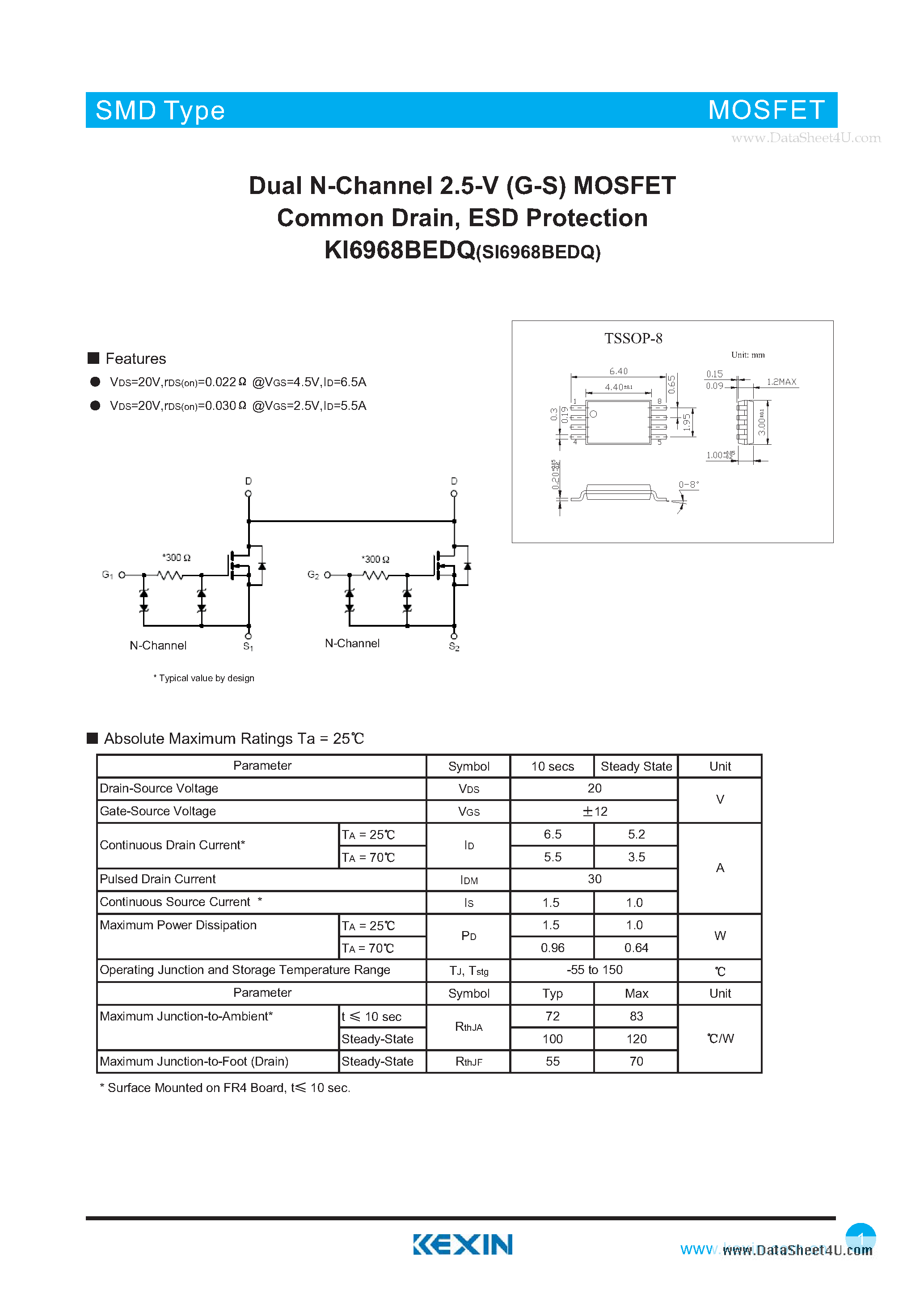 Даташит KI6968BEDQ - Dual N-Channel 2.5-V (G-S) MOSFET Common Drain страница 1