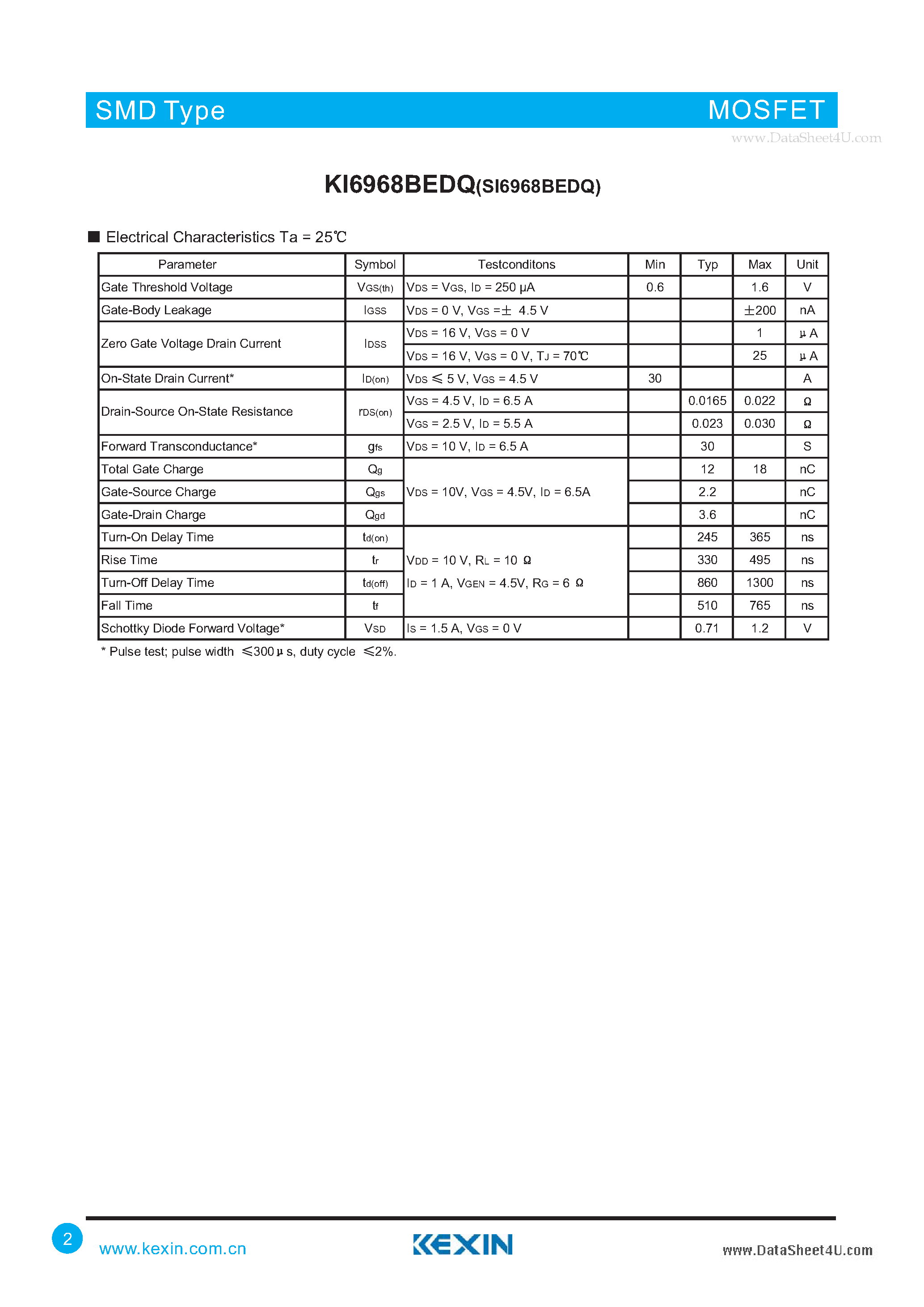Даташит KI6968BEDQ - Dual N-Channel 2.5-V (G-S) MOSFET Common Drain страница 2