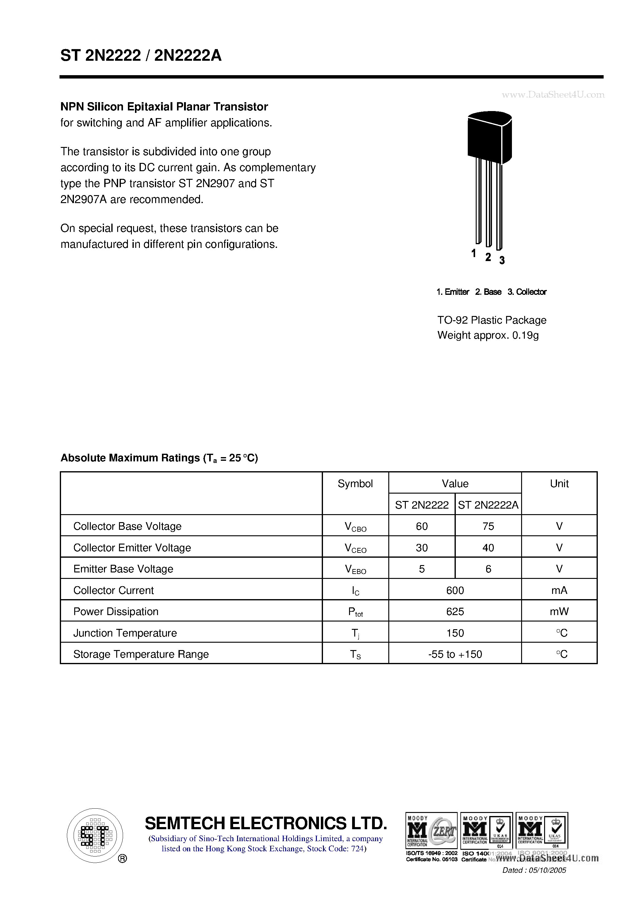 Даташит ST2N2222 - NPN Silicon Epitaxial Planar Transistor страница 1