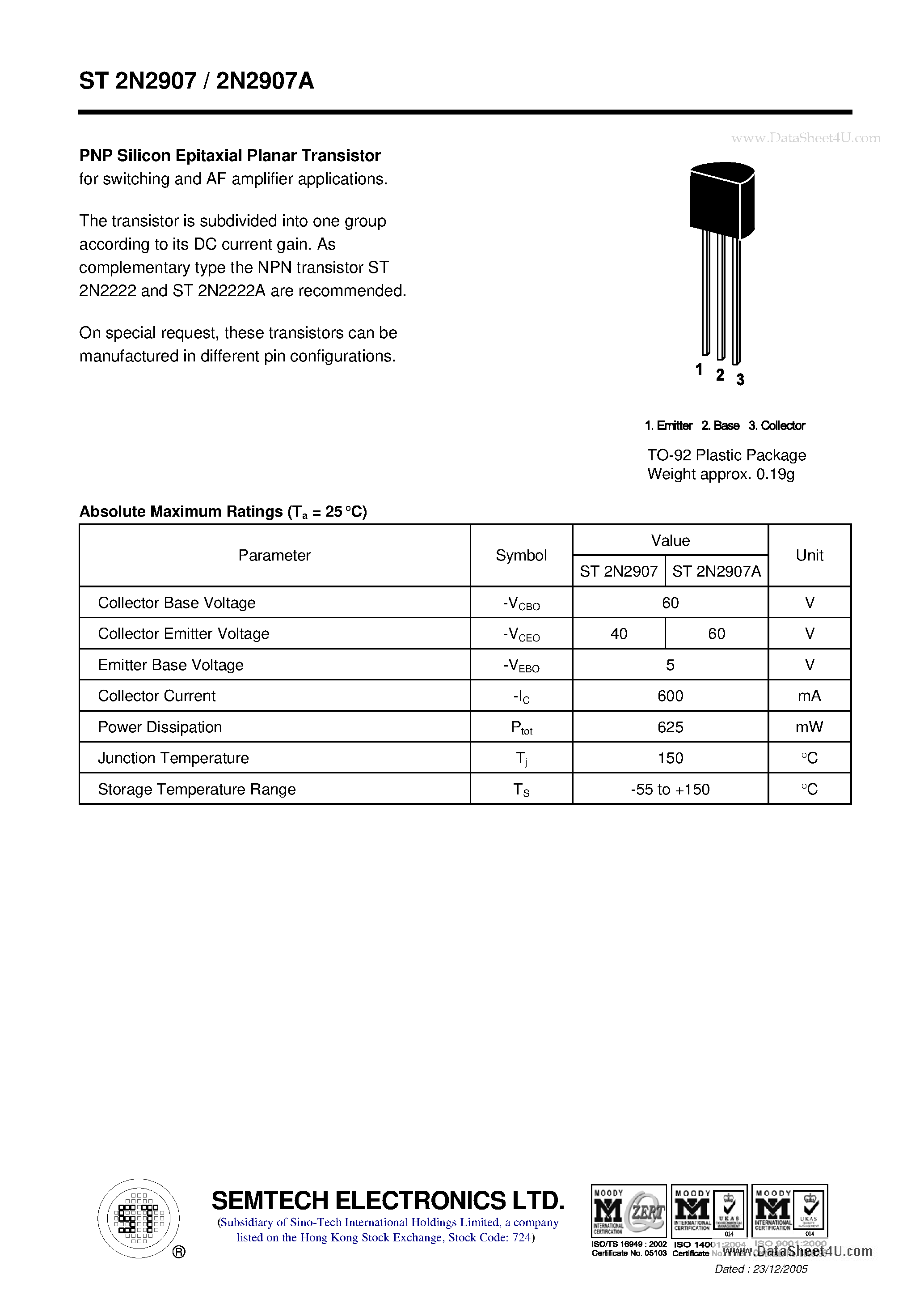 Даташит ST2N2907 - PNP Silicon Epitaxial Planar Transistor страница 1