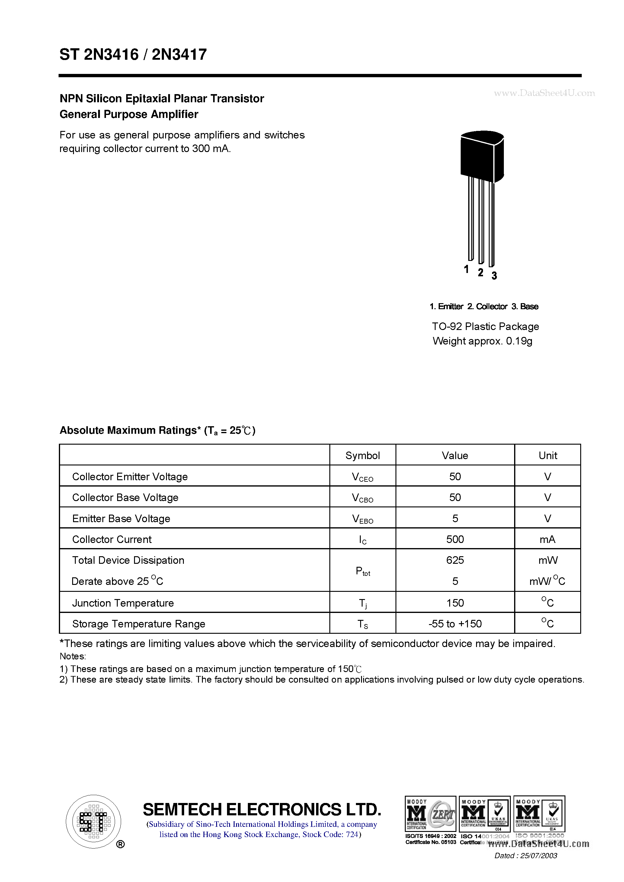 Даташит ST2N3416 - NPN Silicon Epitaxial Planar Transistor General Purpose Amplifier страница 1