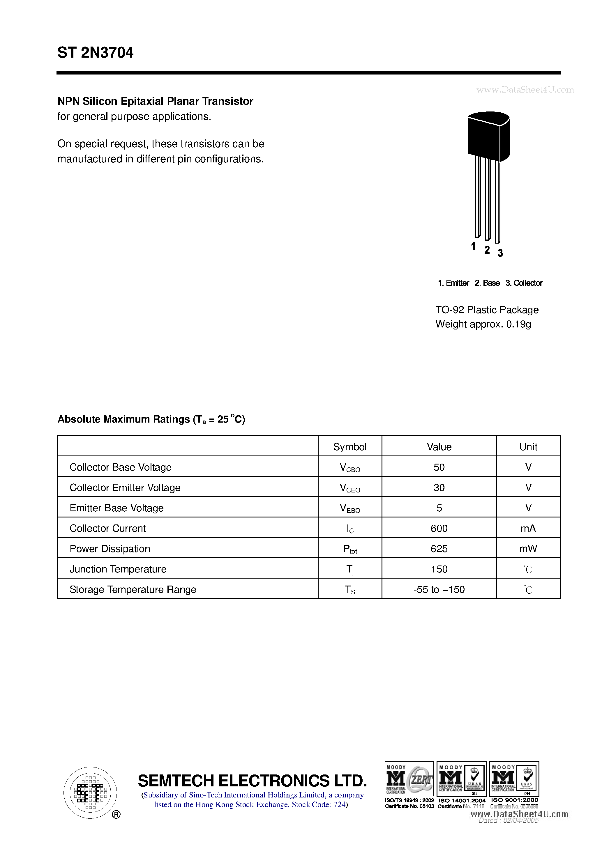 Даташит ST2N3704 - NPN Silicon Epitaxial Planar Transistor страница 1
