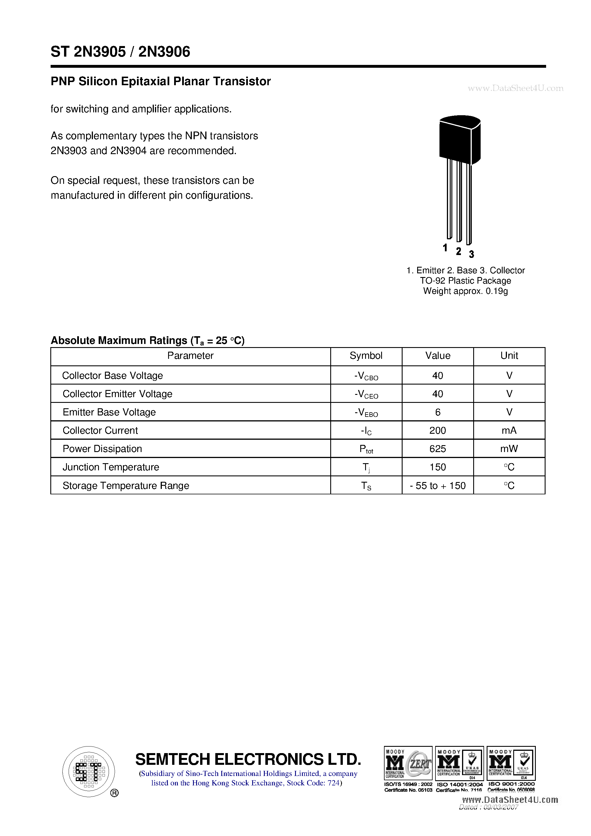 Даташит ST2N3905 - PNP Silicon Epitaxial Planar Transistor страница 1