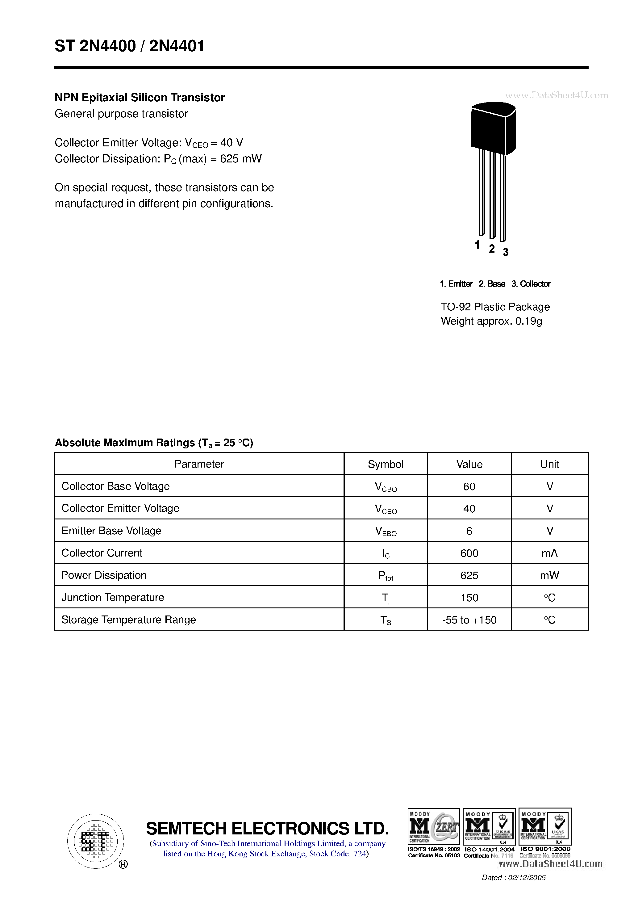 Даташит ST2N4400 - NPN Silicon Epitaxial Planar Transistor страница 1