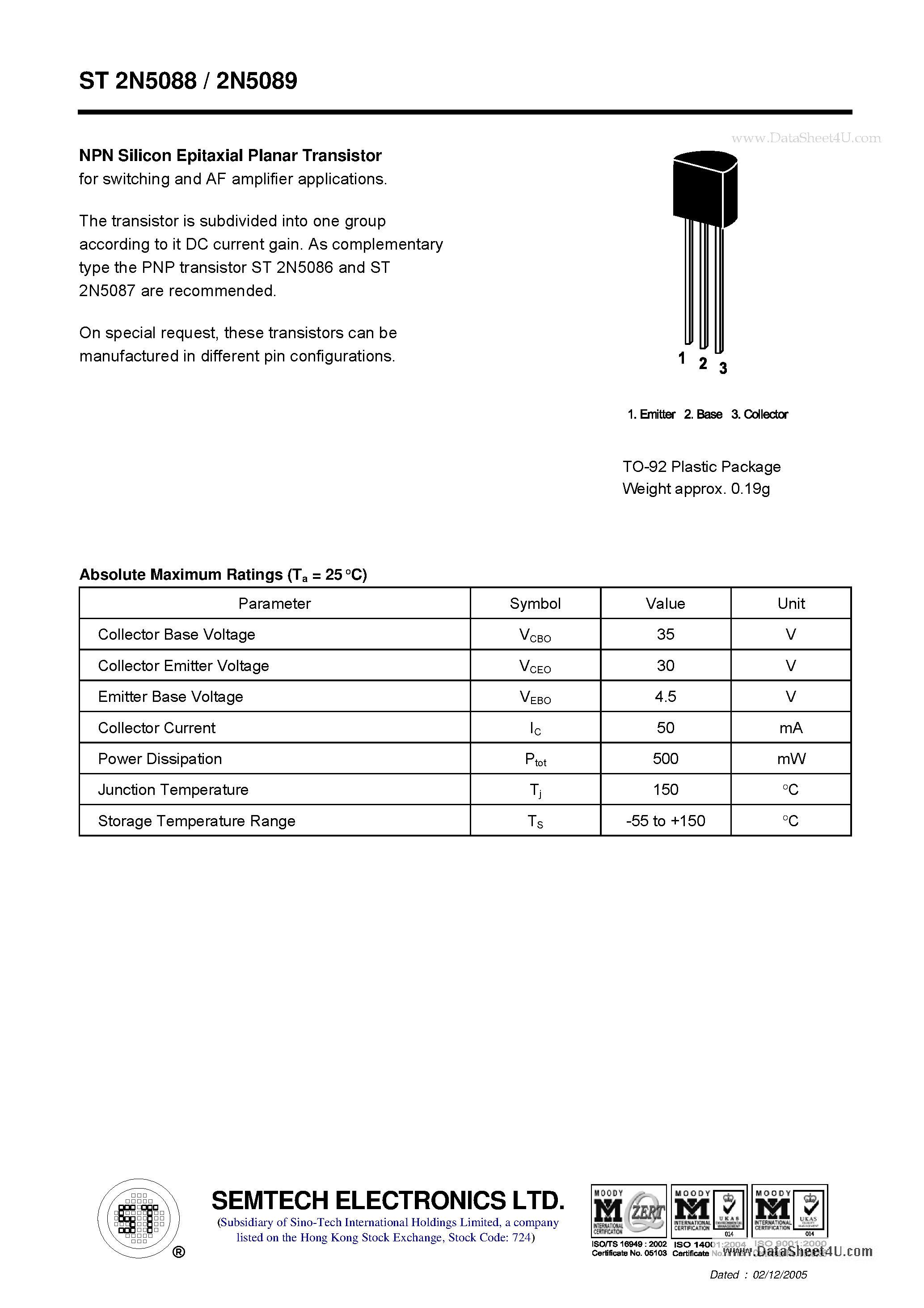 Даташит ST2N5088 - NPN Silicon Epitaxial Planar Transistor страница 1