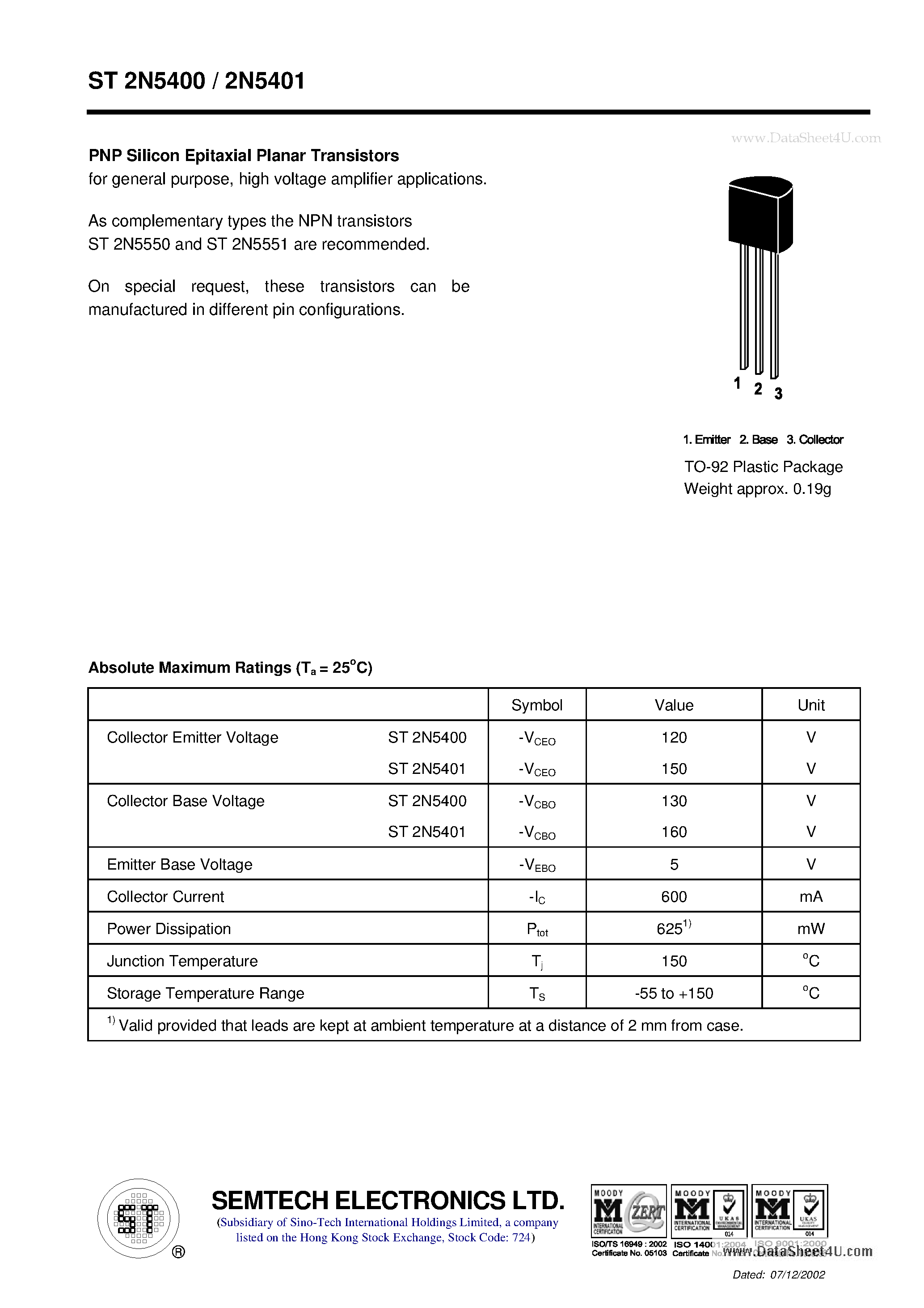 Даташит ST2N5400 - PNP Silicon Epitaxial Planar Transistor страница 1