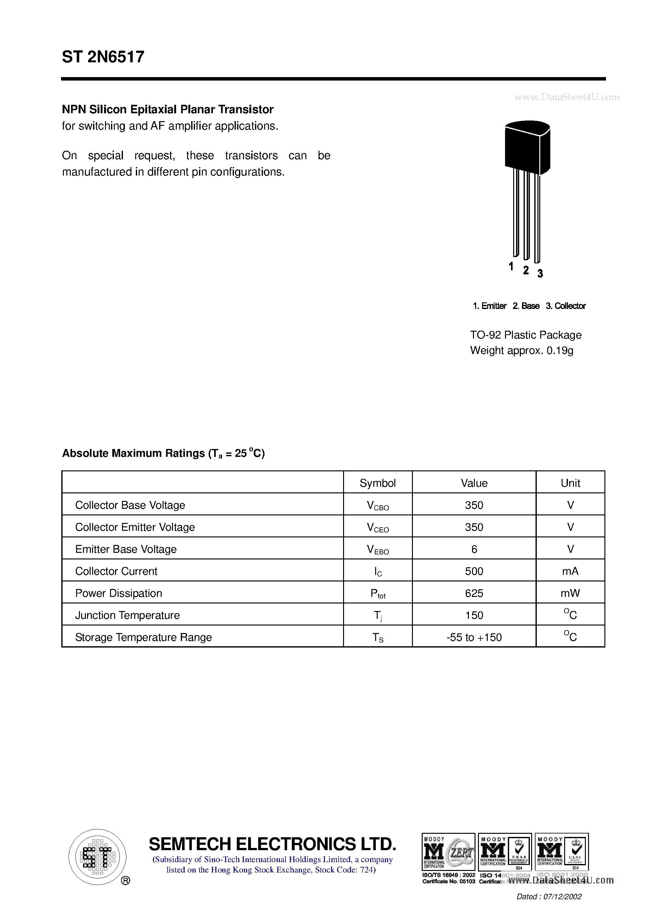 Даташит ST2N6517 - NPN Silicon Epitaxial Planar Transistor страница 1