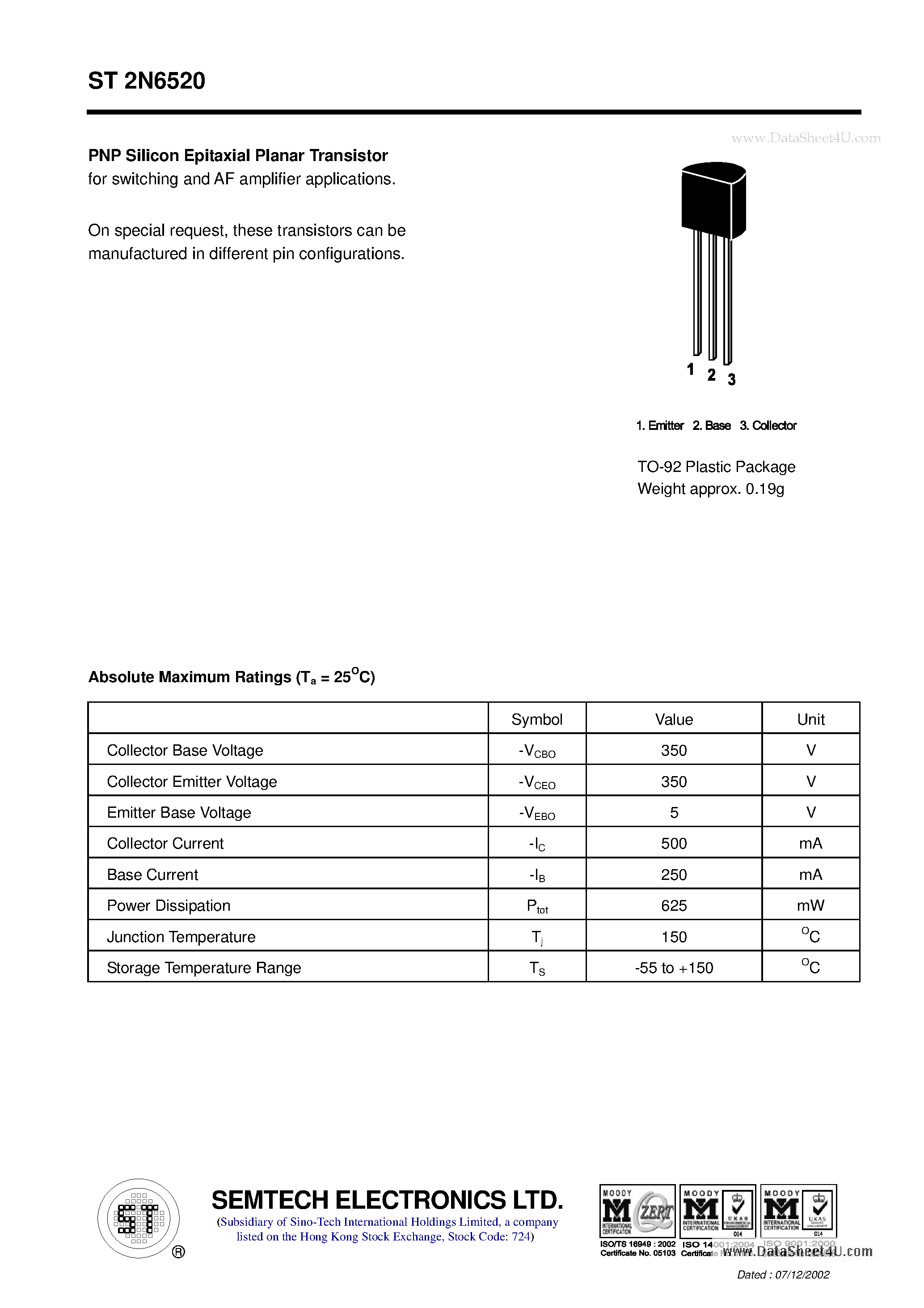 Даташит ST2N6520 - PNP Silicon Epitaxial Planar Transistor страница 1