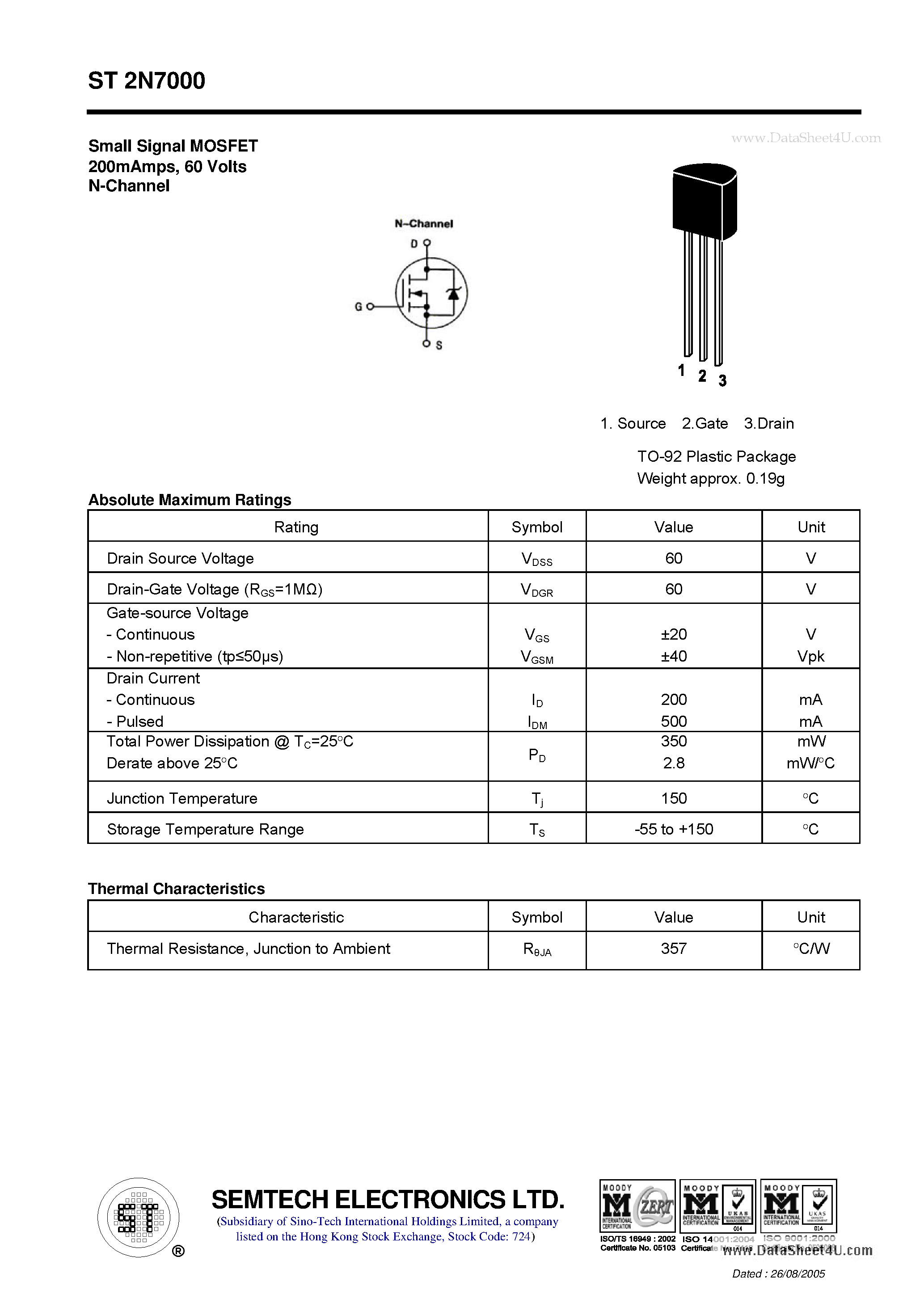 Даташит ST2N7000 - Small Signal MOSFET страница 1