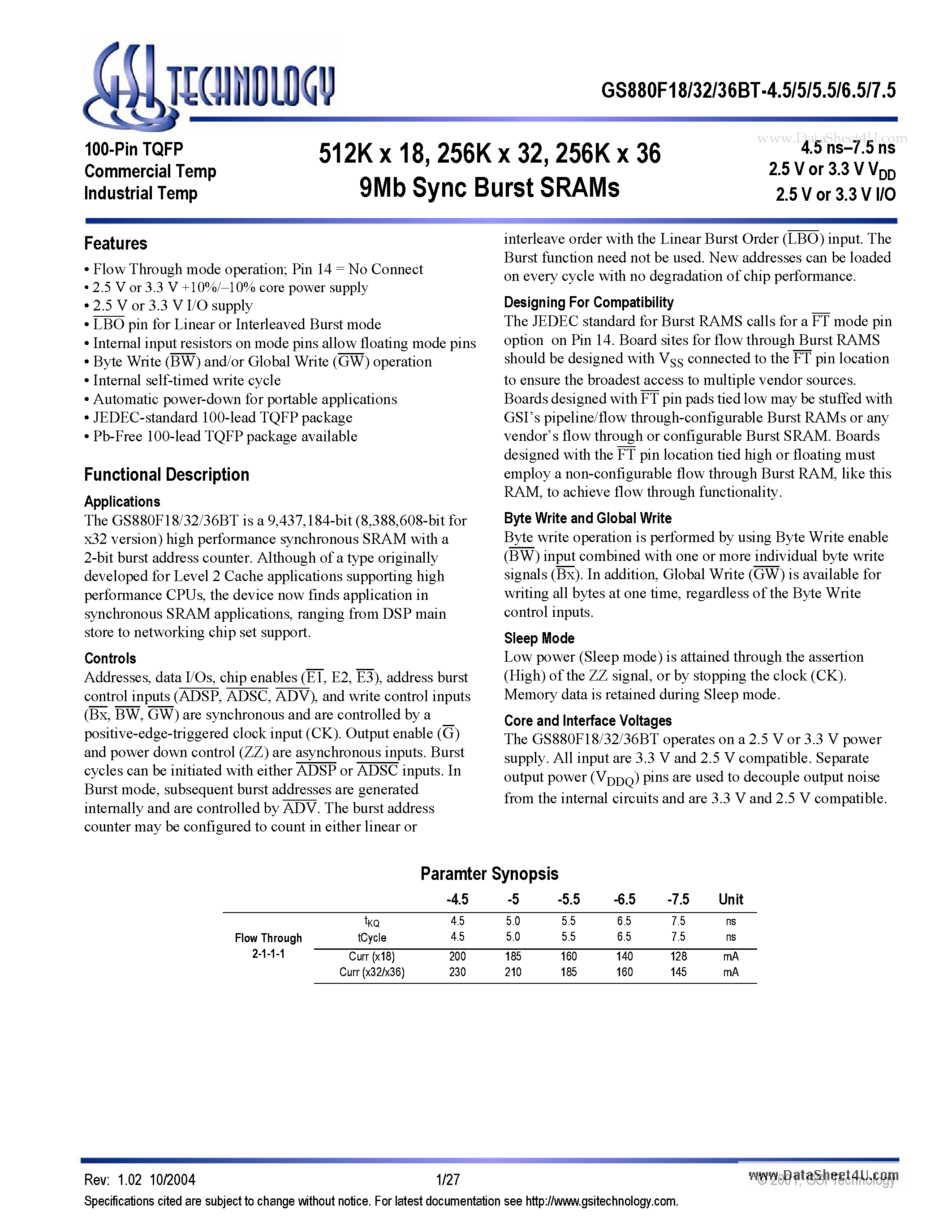 Datasheet GS880F18BT-4.5 - 9Mb Sync Burst SRAMs page 1