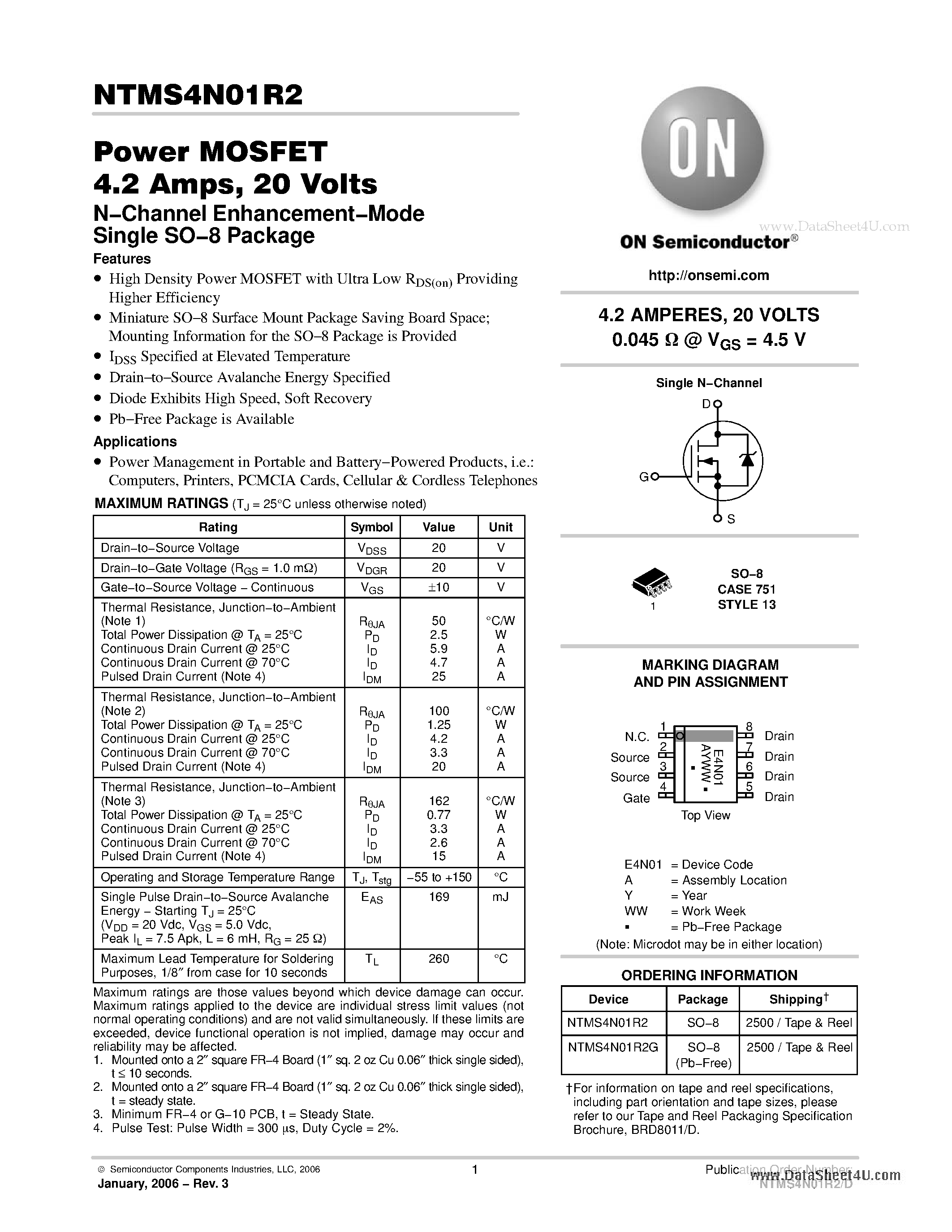 Даташит NTMS4N01R2 - Power MOSFET 4.2 Amps 20 Volts страница 1