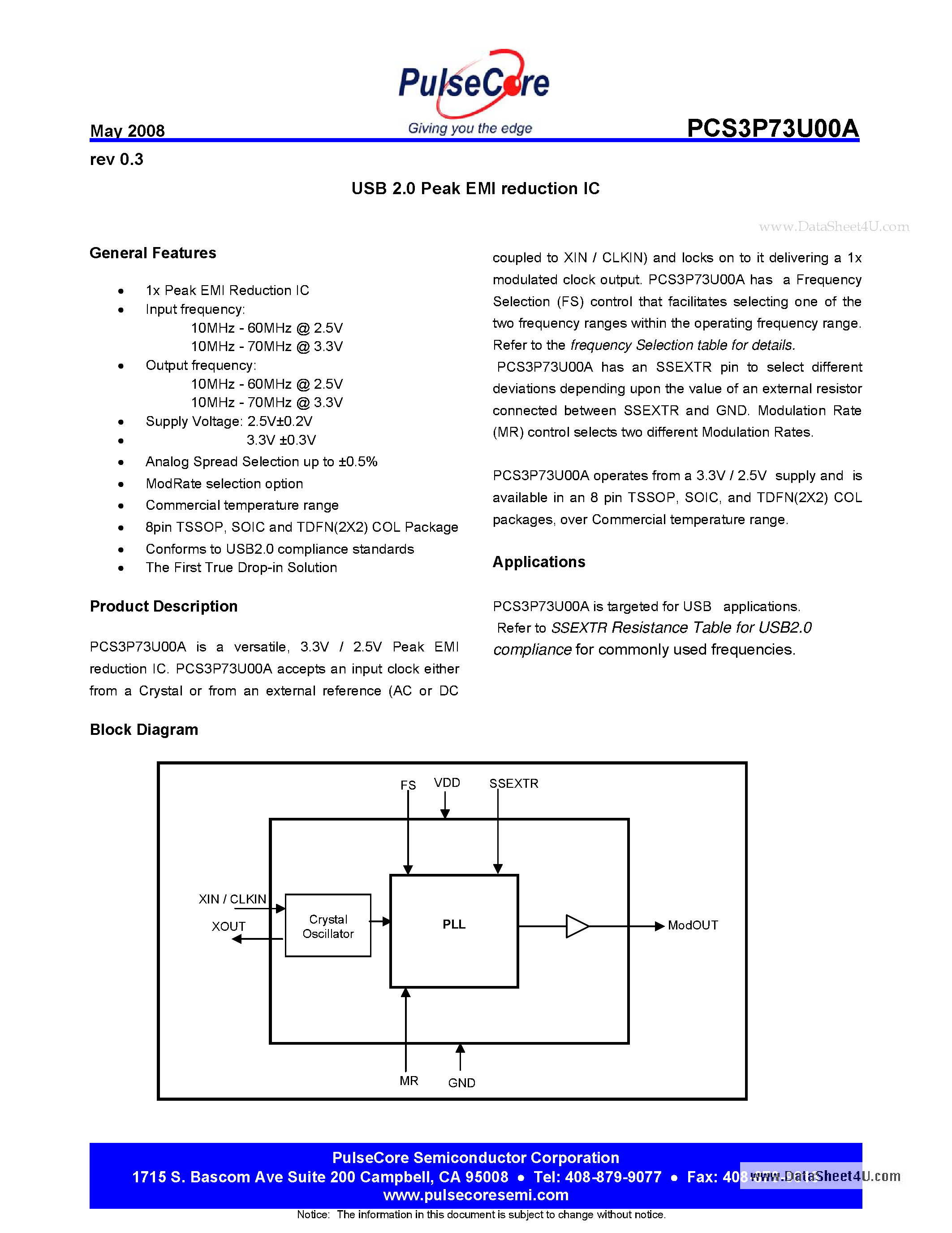 Даташит PCS3P73U00A - USB 2.0 Peak EMI reduction IC страница 1