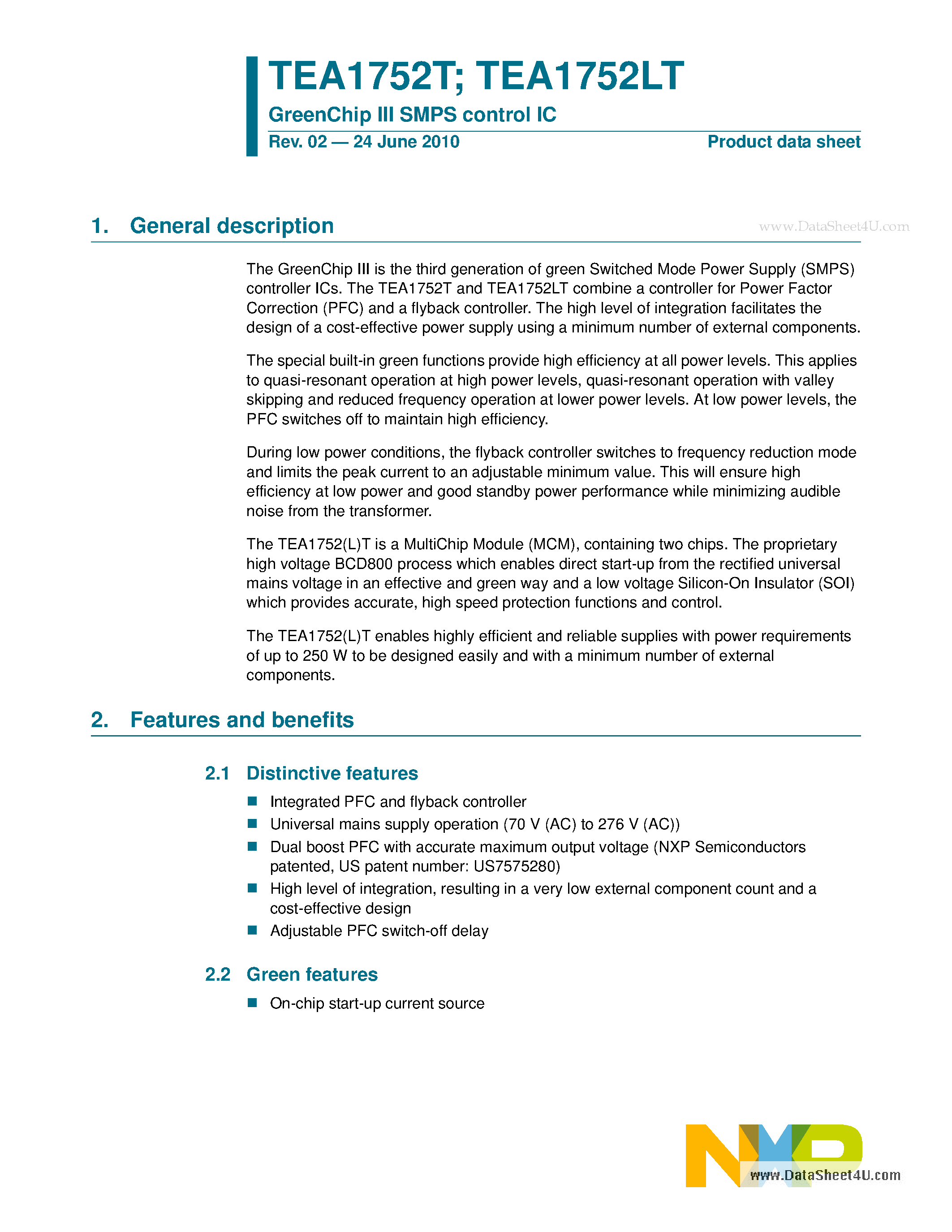 Datasheet TEA1752LT - GreenChip III SMPS control IC page 1