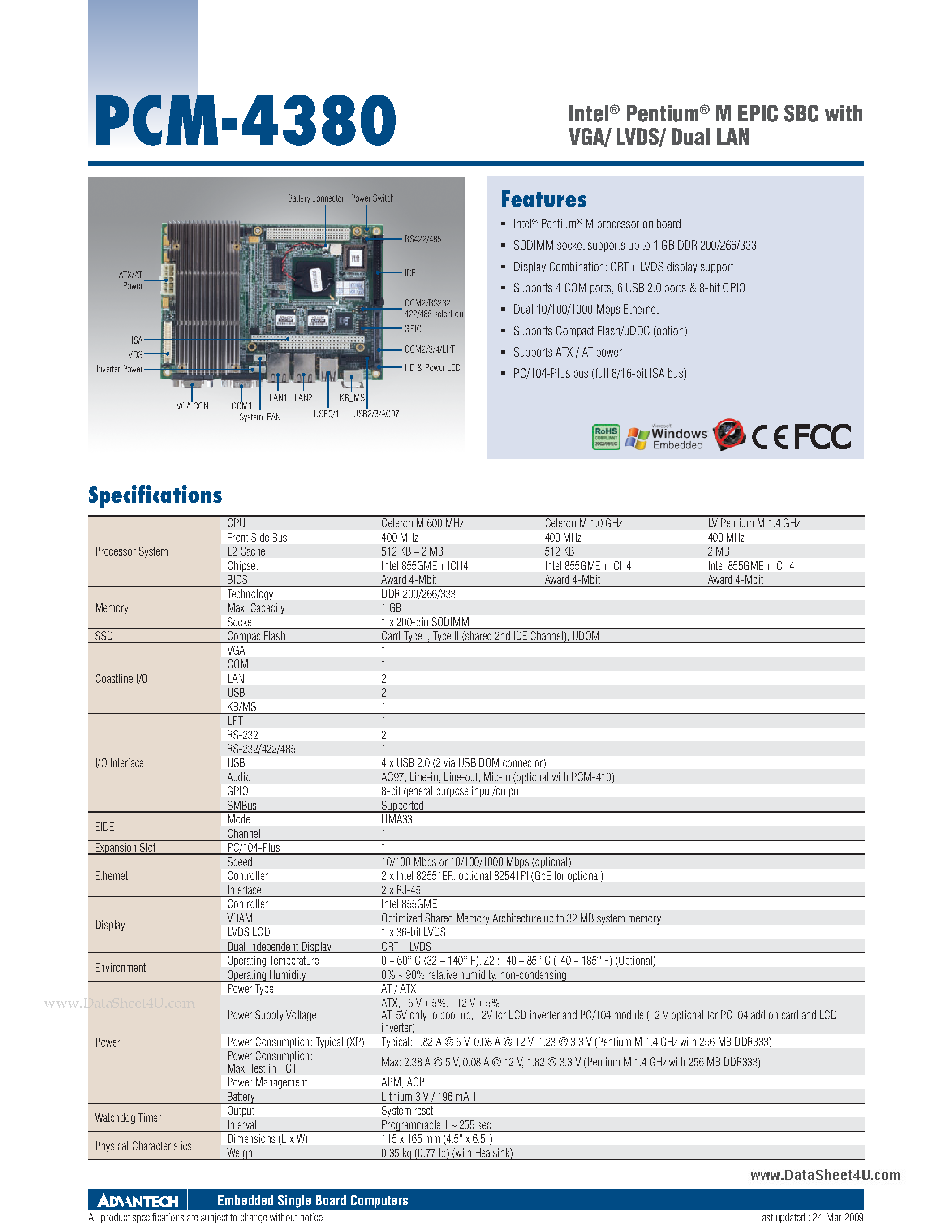 Datasheet PCM-4380 - Intel Pentium M EPIC SBC page 1