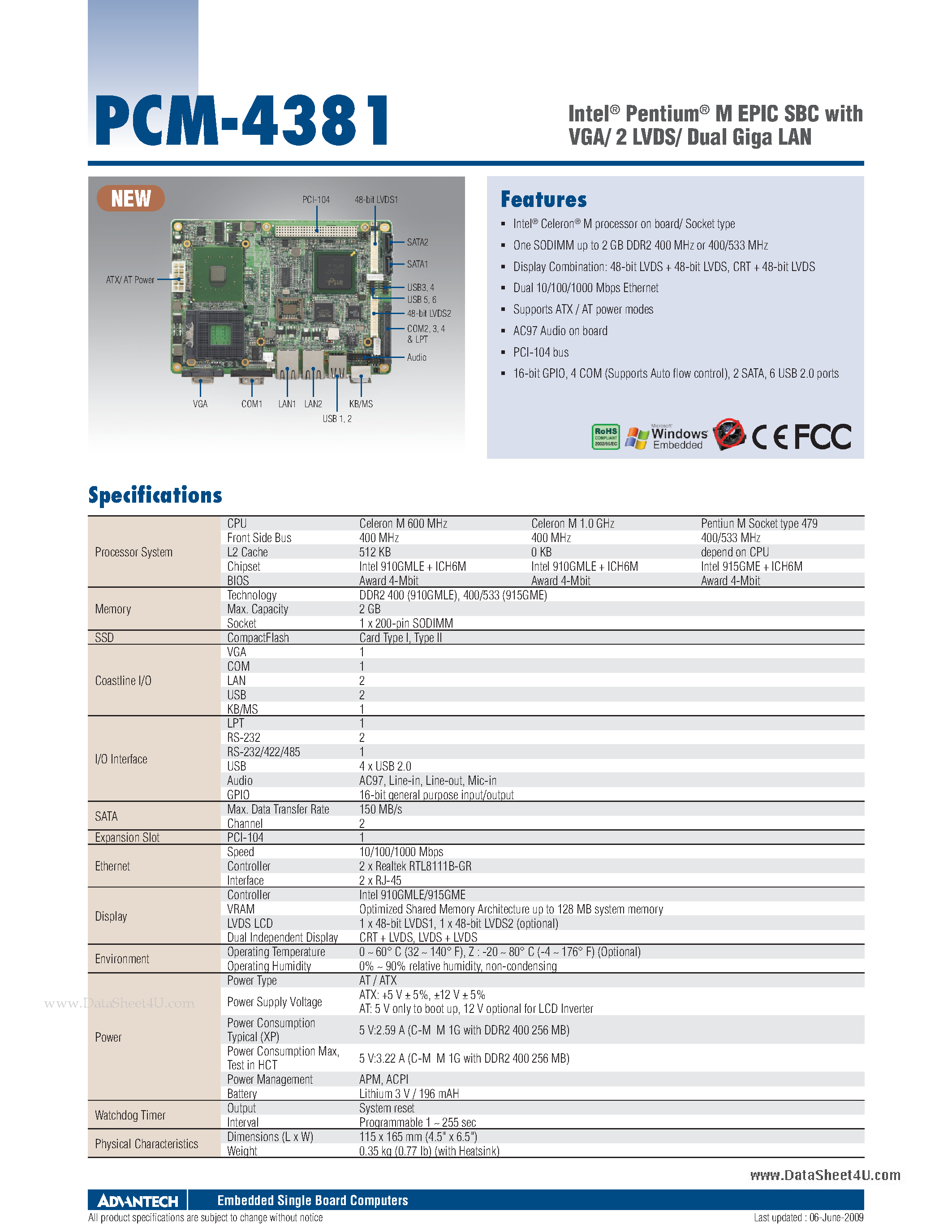 Datasheet PCM-4381 - Intel Pentium M EPIC SBC page 1