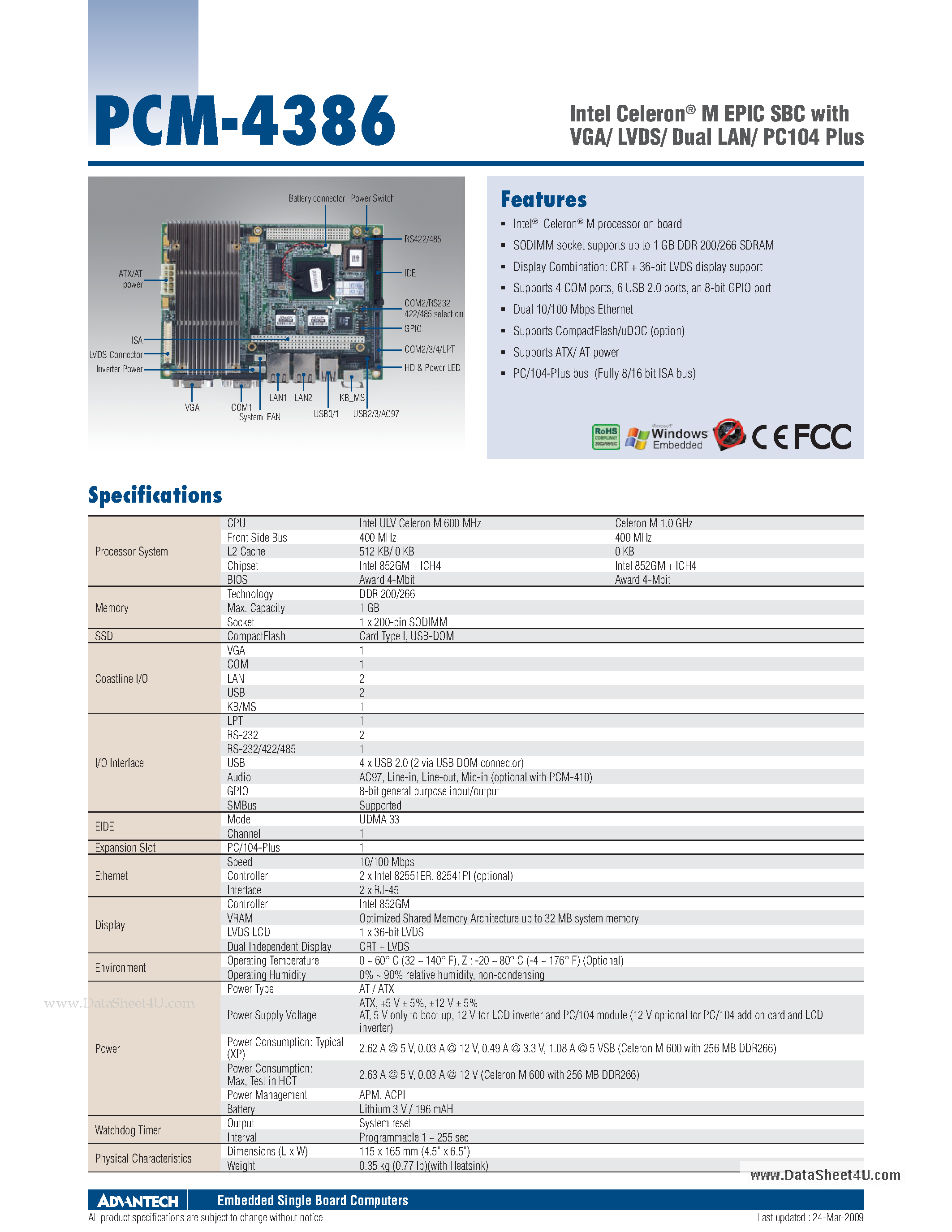 Datasheet PCM-4386 - Intel Celeron M EPIC SBC page 1