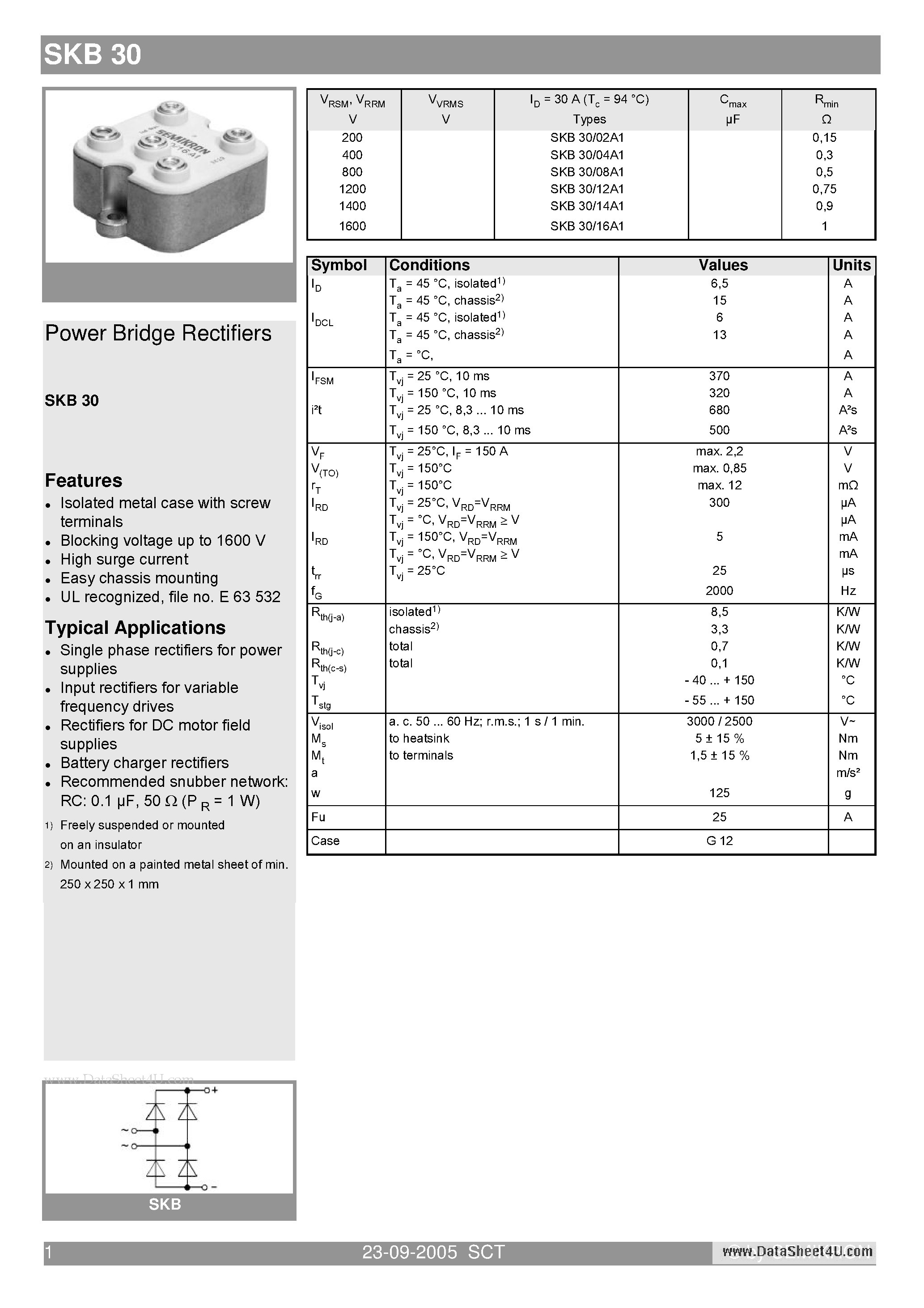 Datasheet SKB30 - Power Bridge Rectifiers page 1