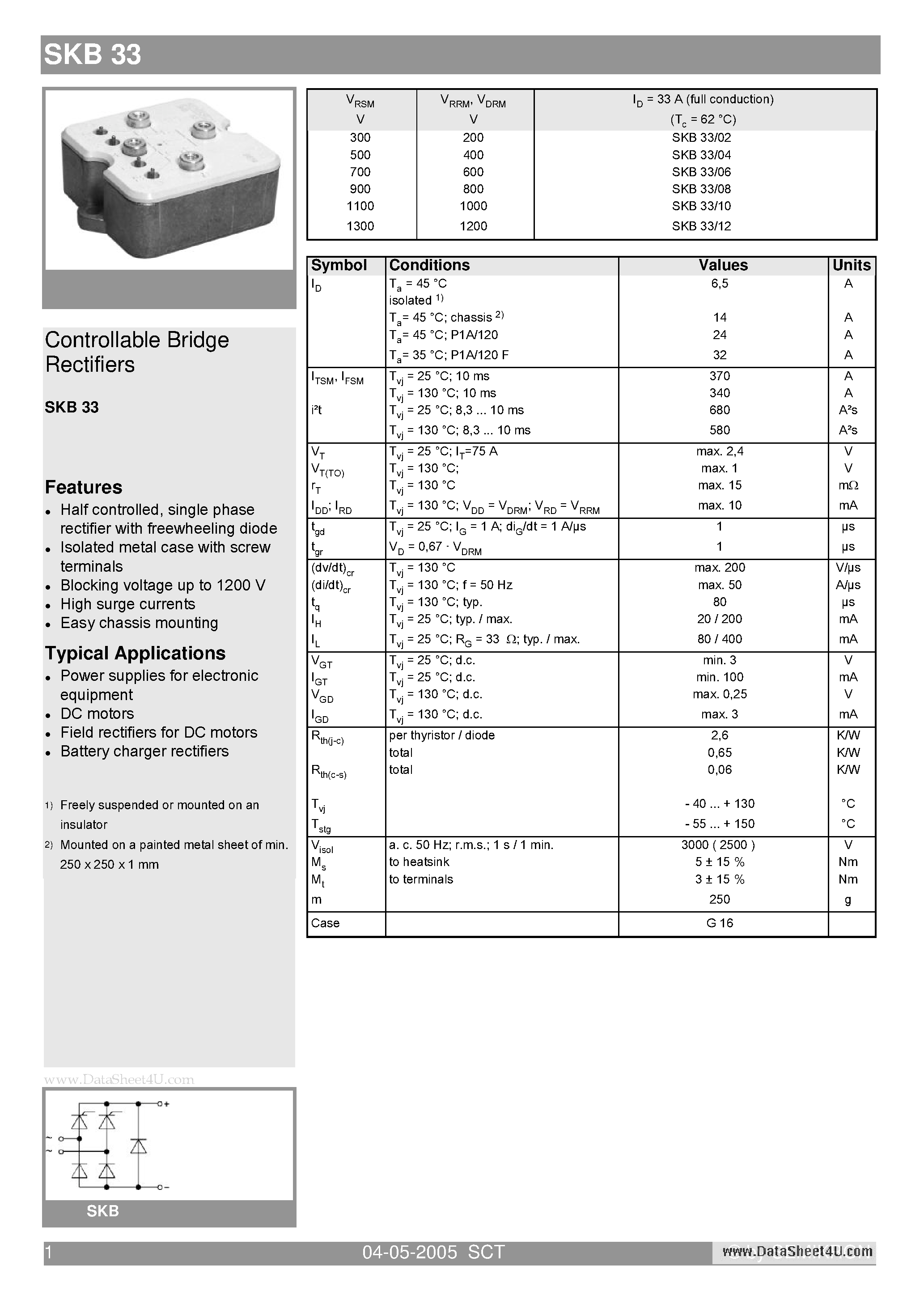 Datasheet SKB33 - Controllable Bridge Rectifiers page 1