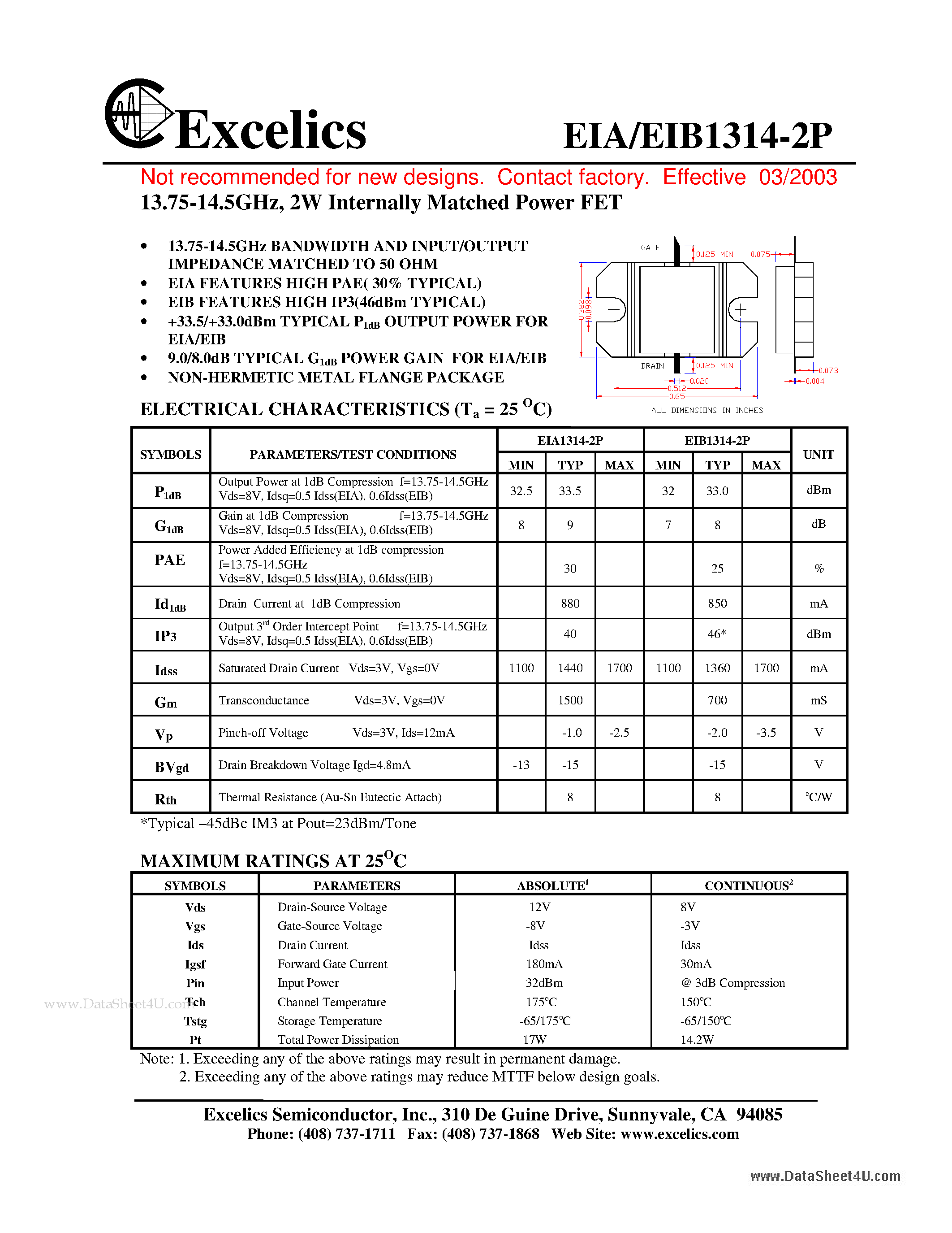 Даташит EIA1314-2P - 13.75-14.5 GHz 2-W Internally Matched Power FET страница 1