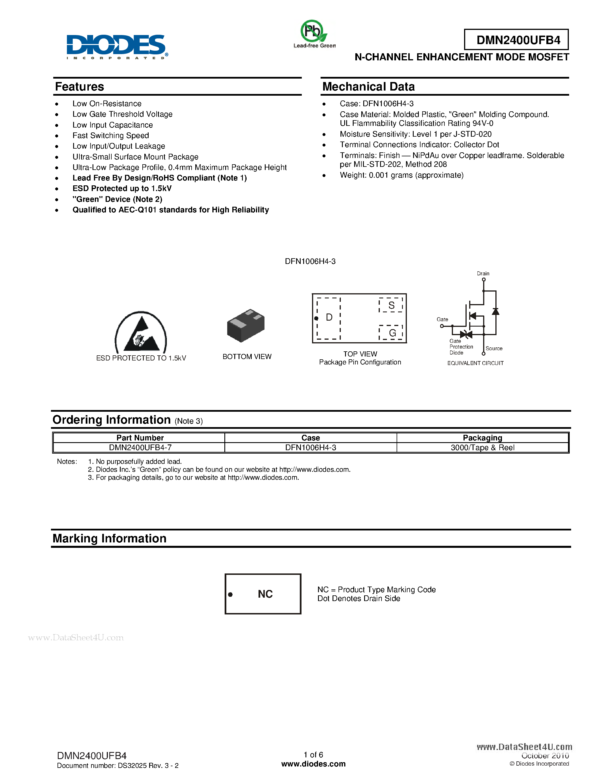 Даташит DMN2400UFB4 - N-CHANNEL ENHANCEMENT MODE MOSFET страница 1