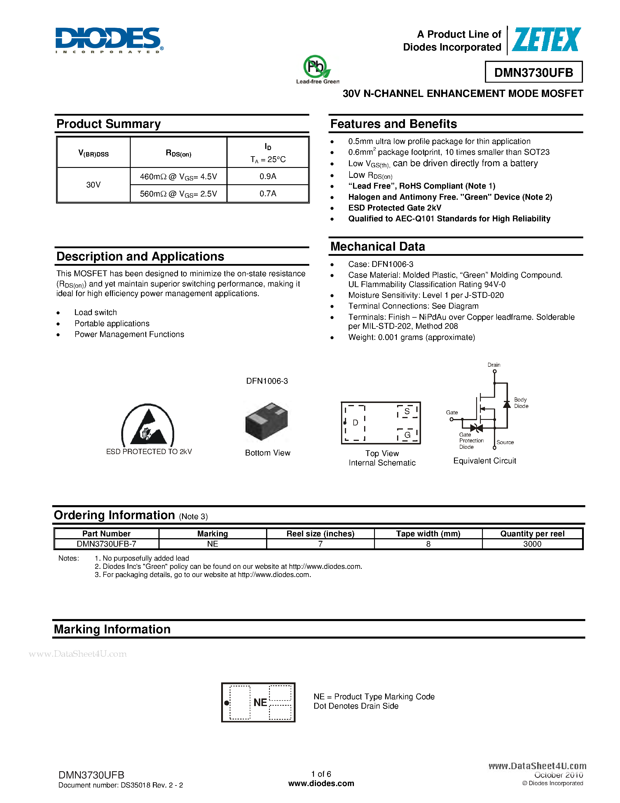 Даташит DMN3730UFB - 30V N-CHANNEL ENHANCEMENT MODE MOSFET страница 1