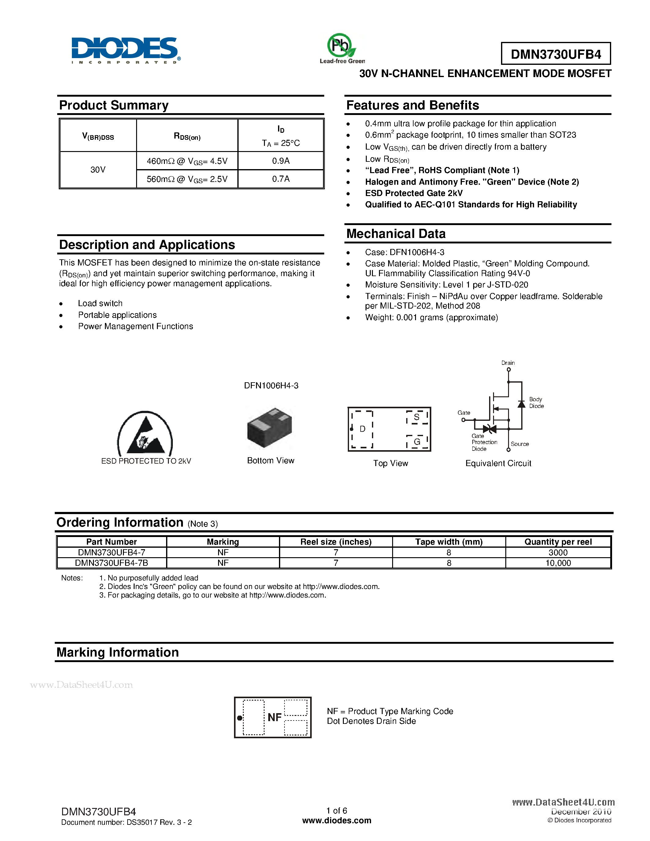 Даташит DMN3730UFB4 - 30V N-CHANNEL ENHANCEMENT MODE MOSFET страница 1