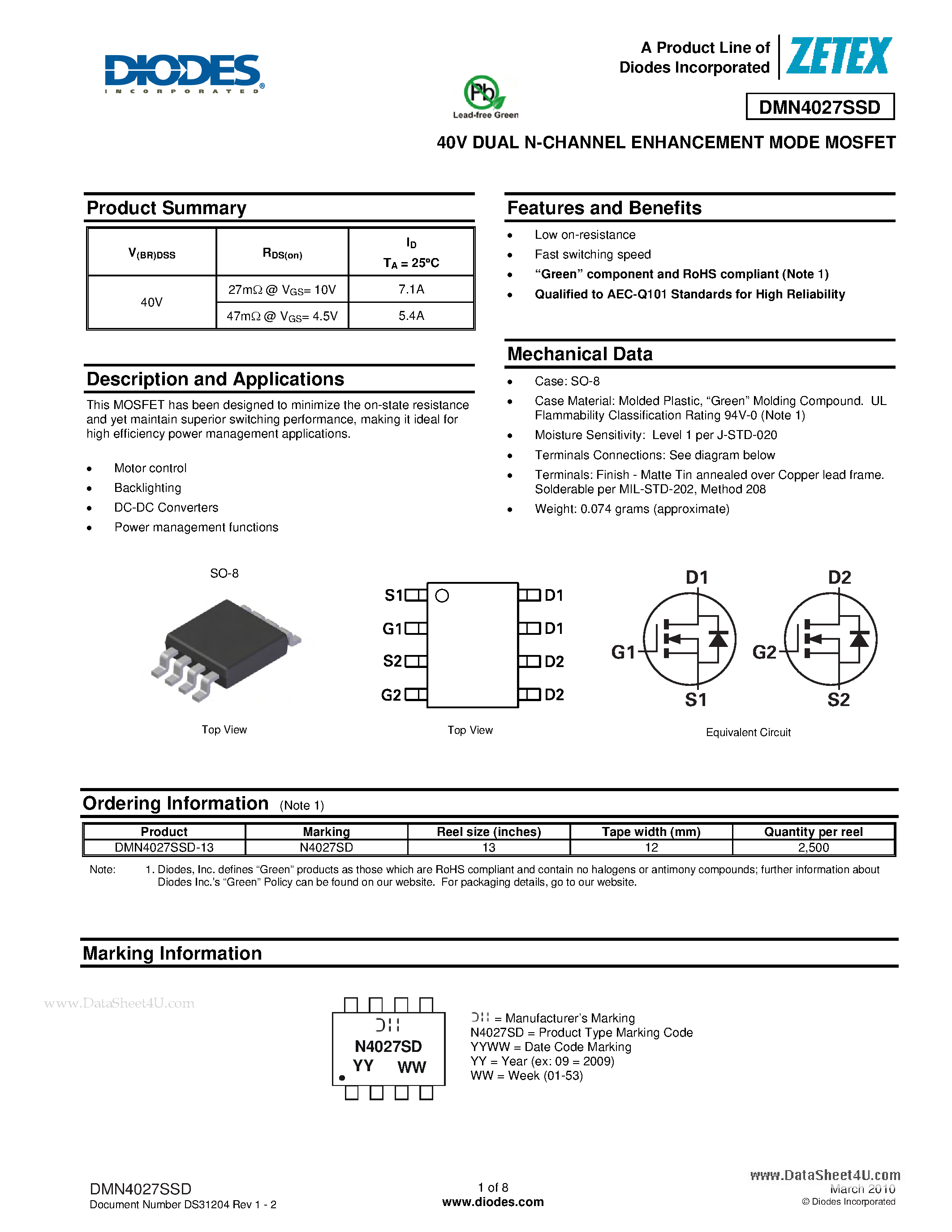 Даташит DMN4027SSD - 40V DUAL N-CHANNEL ENHANCEMENT MODE MOSFET страница 1