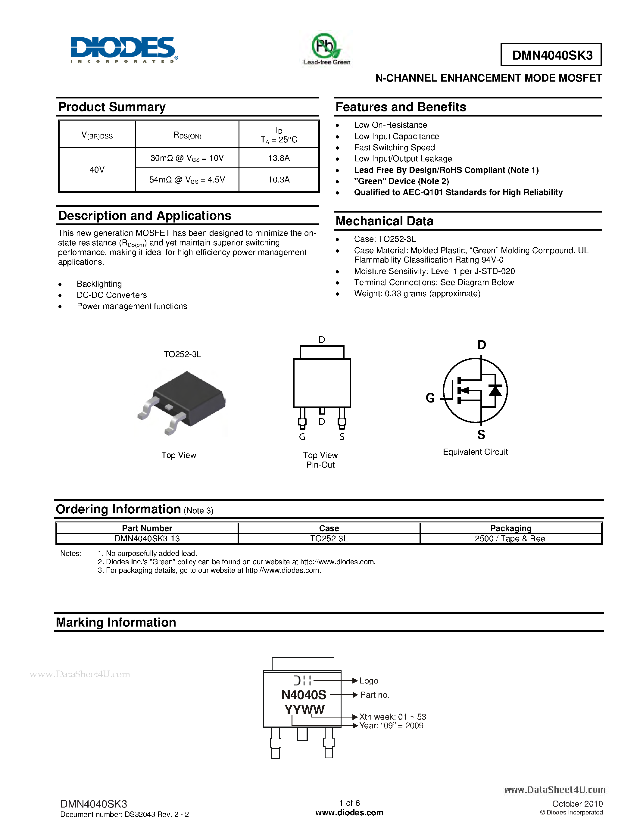 Даташит DMN4040SK3 - N-CHANNEL ENHANCEMENT MODE MOSFET страница 1