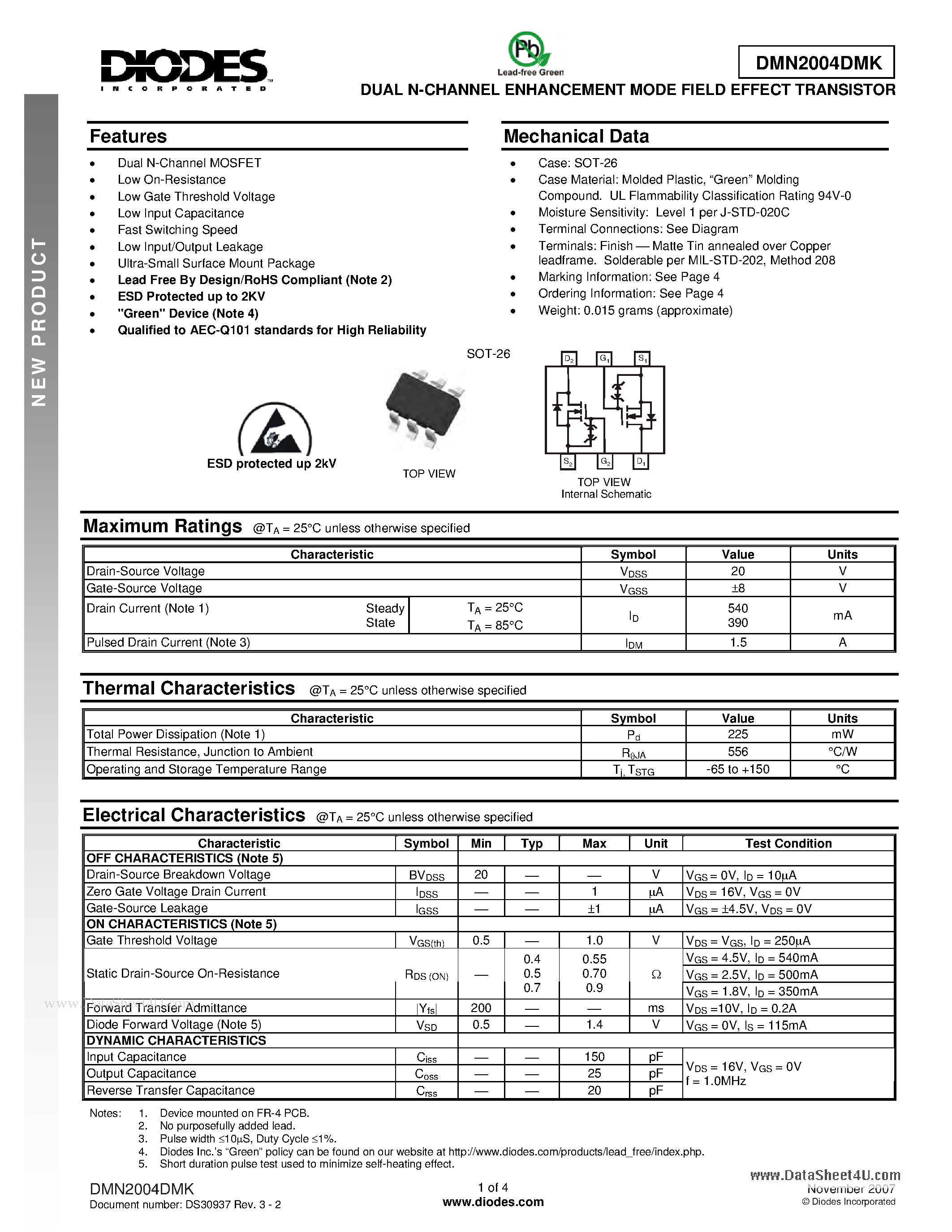 Даташит DMN2004DMK - DUAL N-CHANNEL ENHANCEMENT MODE FIELD EFFECT TRANSISTOR страница 1