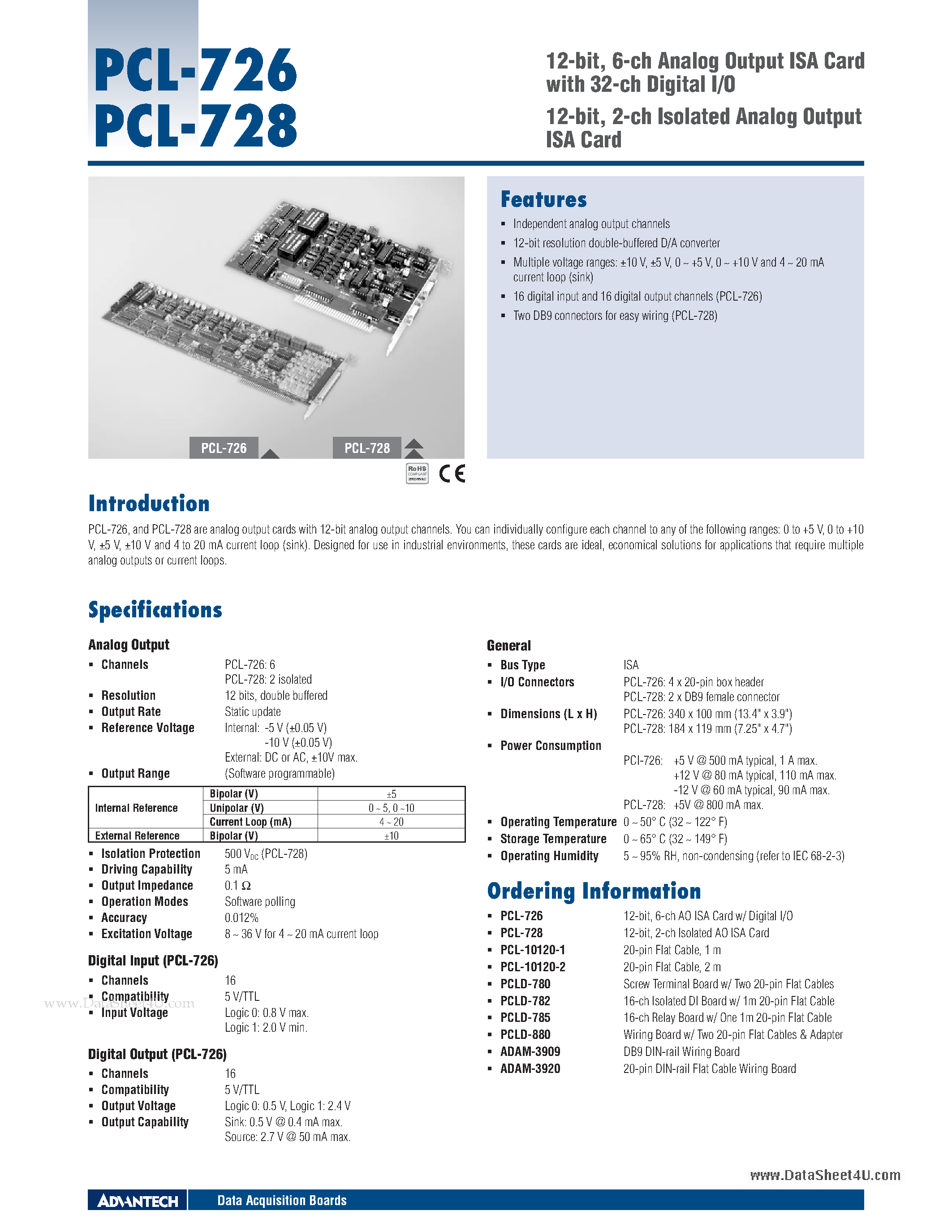 Даташит PCL-726 - 12-bit 2-ch Isolated Analog Output ISA Card страница 1