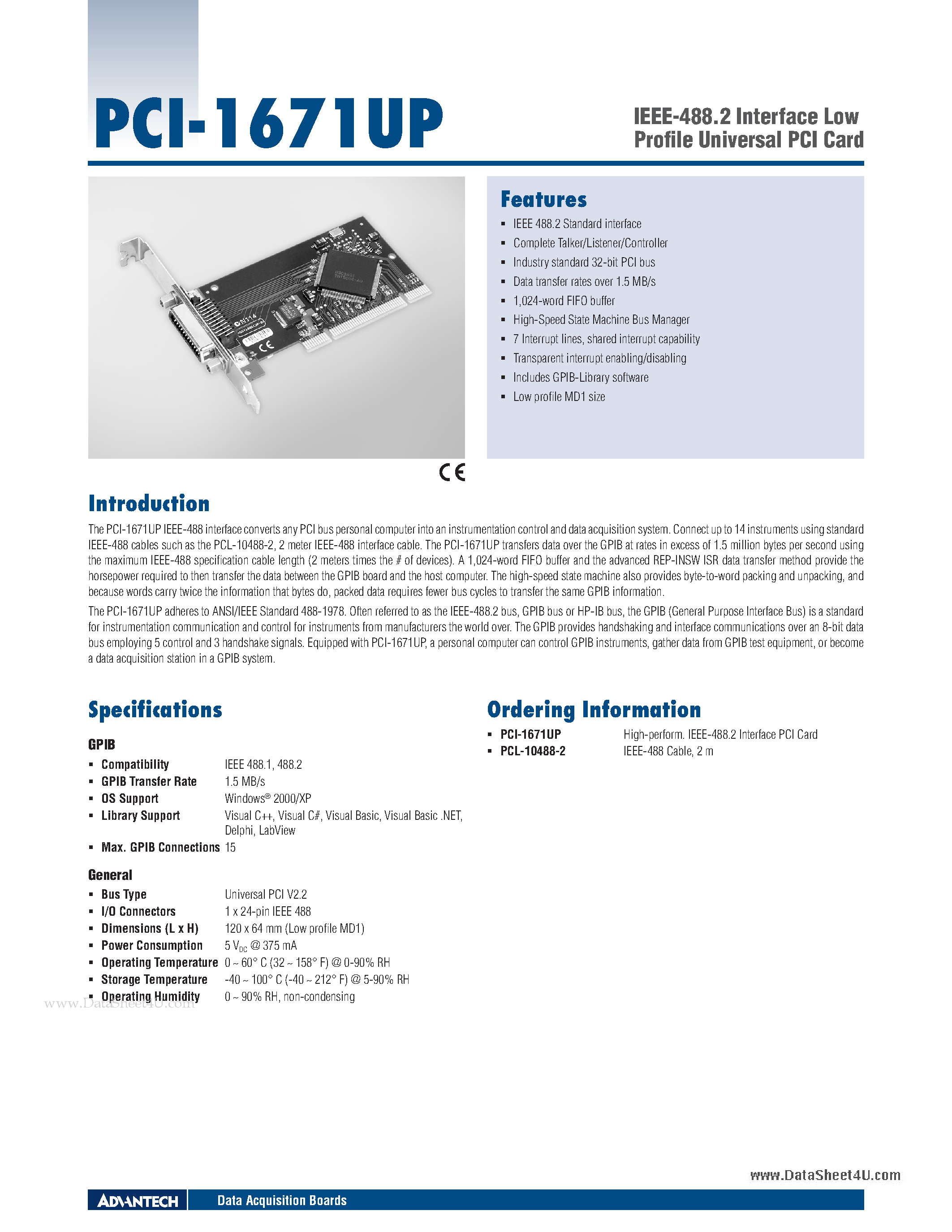 Даташит PCI-1671UP - IEEE-488.2 Interface Low Profile Universal PCI Card страница 1