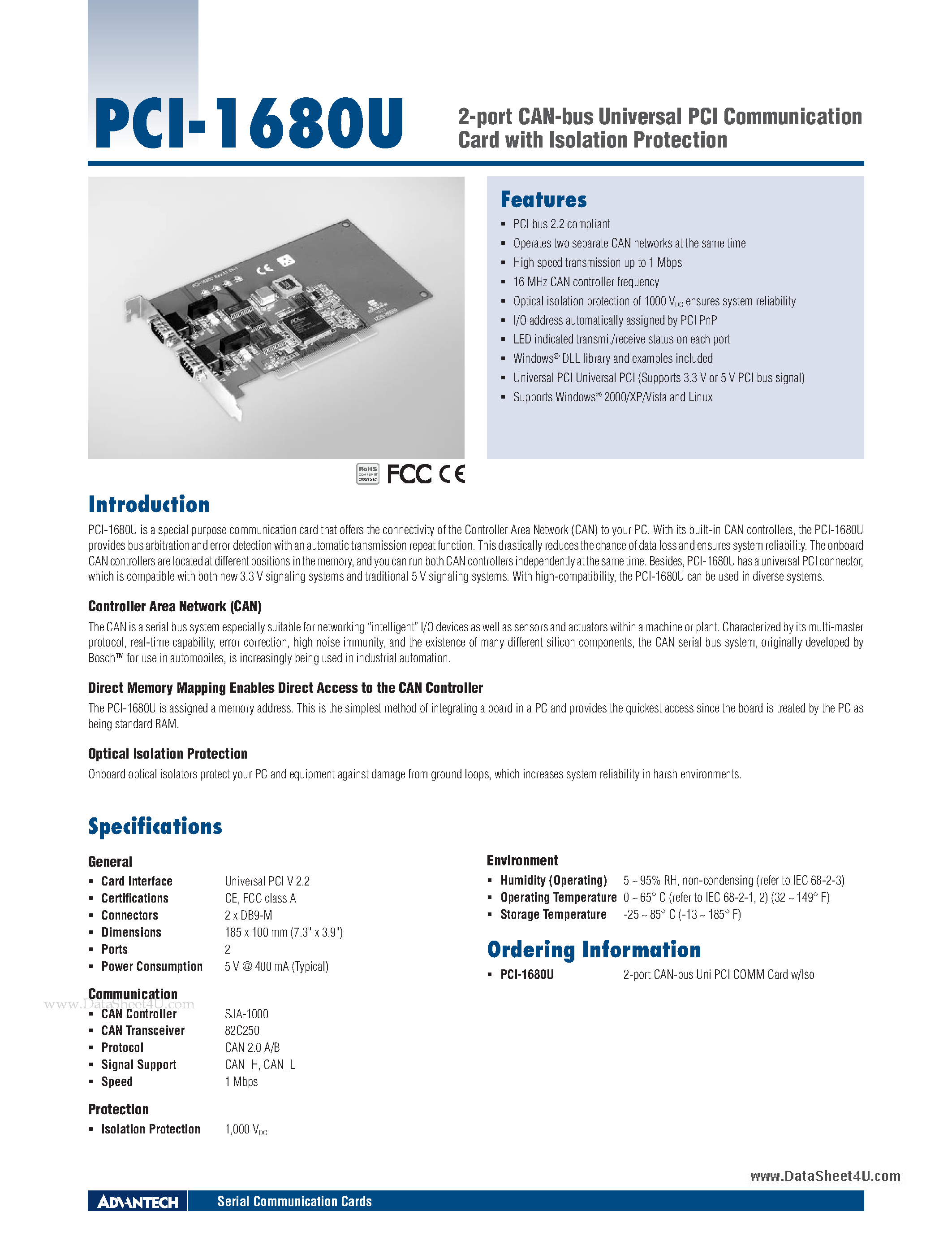 Даташит PCI-1680U - 2-port CAN-bus Universal PCI Communication Card страница 1