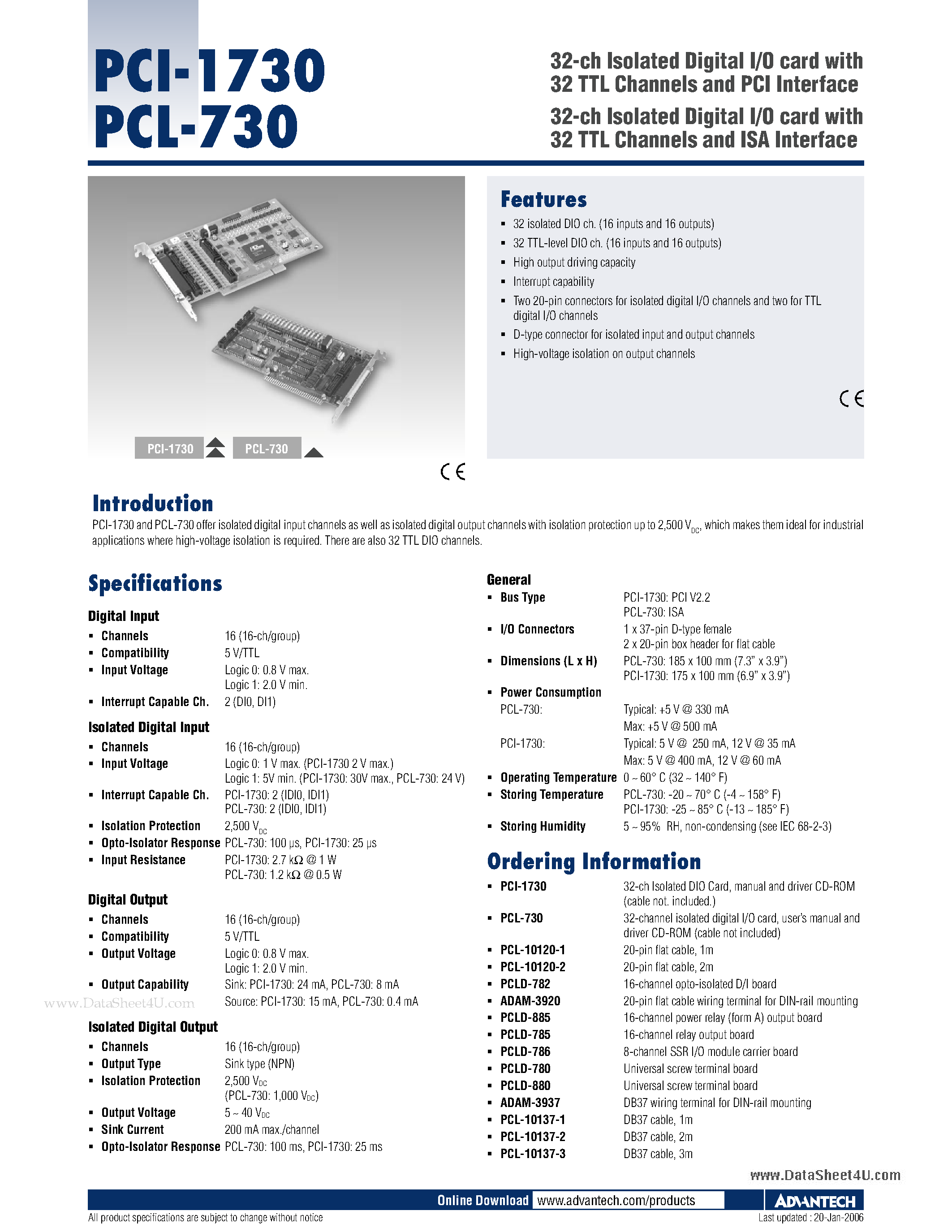 Datasheet PCI-1730 - 32-ch Isolated Digital I/O card page 1