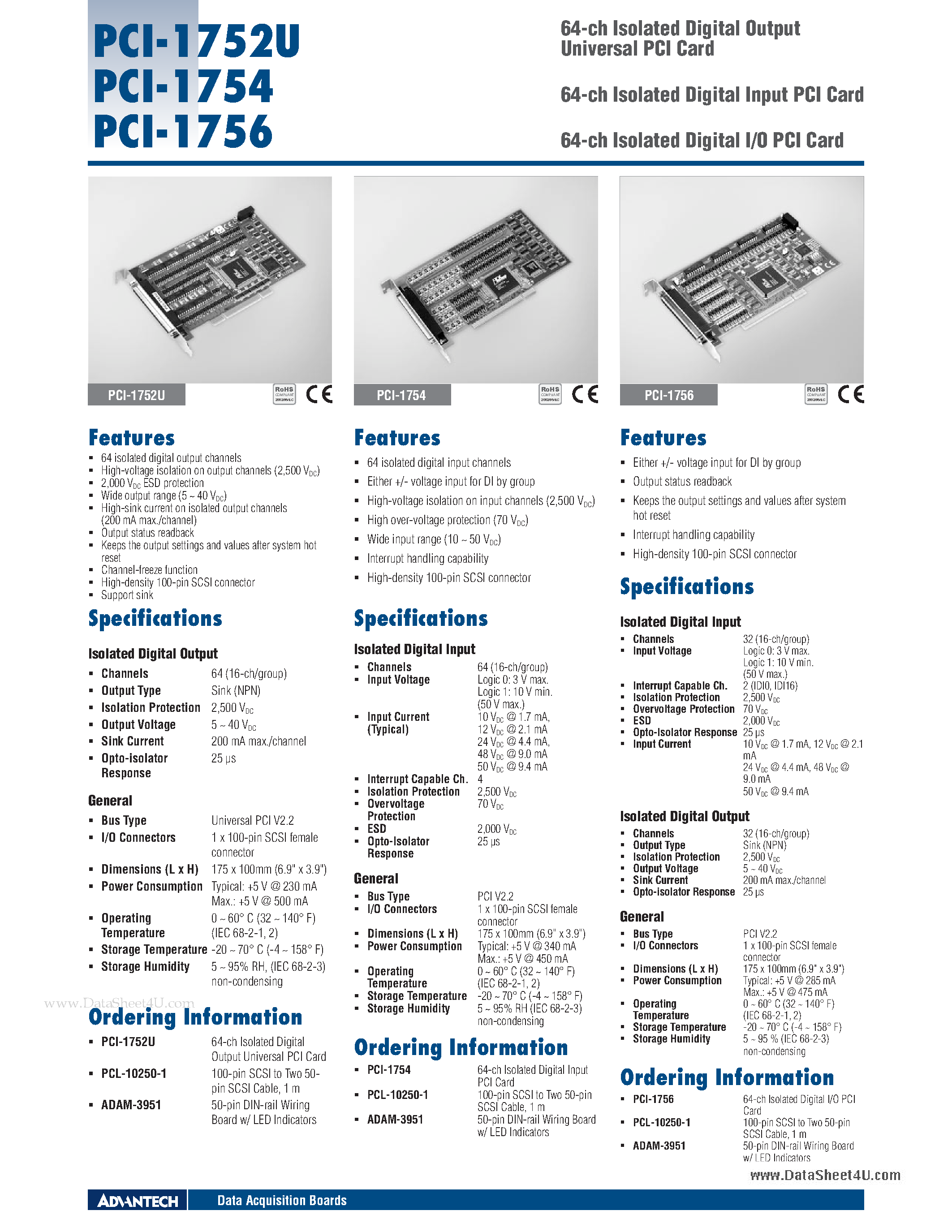 Datasheet PCI-1752U - 64-ch Isolated Digital I/O PCI Card page 1