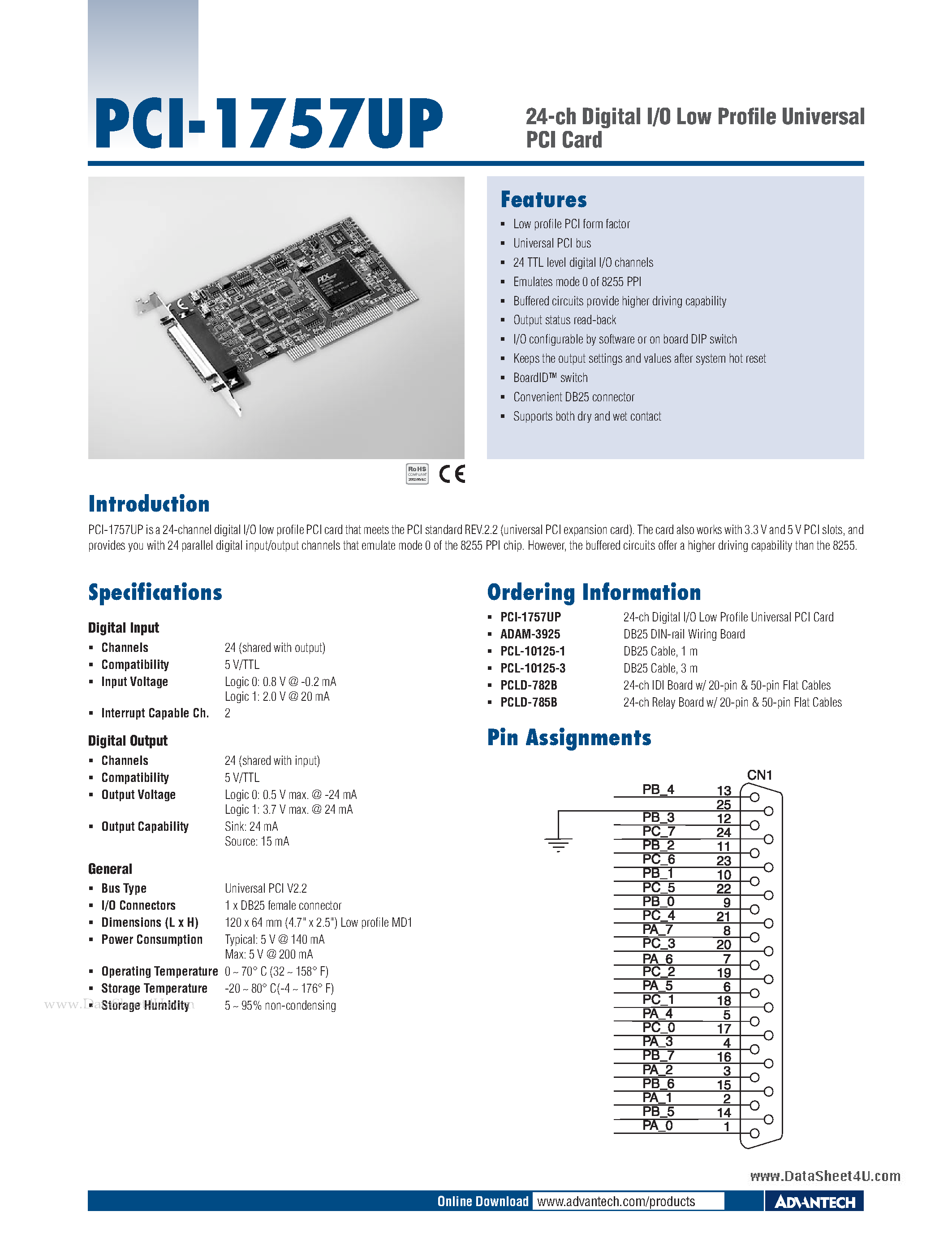 Даташит PCI-1757UP - 24-ch Digital I/O Low Profile Universal PCI Card страница 1