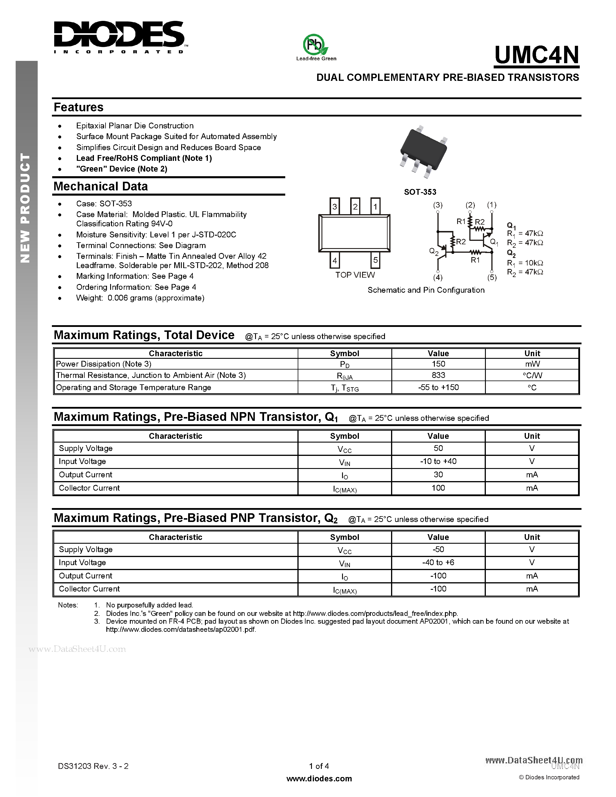 Даташит UMC4N - DUAL COMPLEMENTARY PRE-BIASED TRANSISTORS страница 1