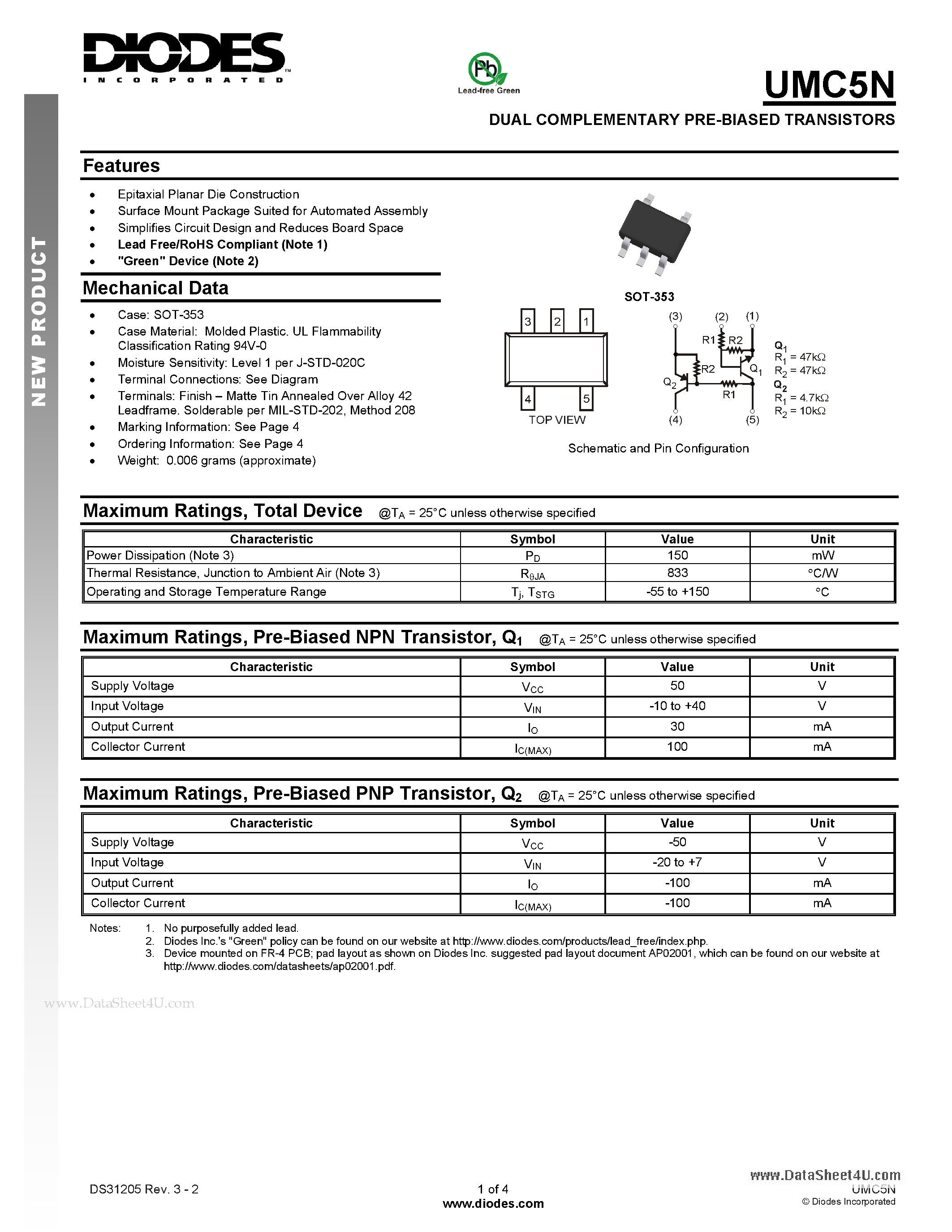 Даташит UMC5N - DUAL COMPLEMENTARY PRE-BIASED TRANSISTORS страница 1