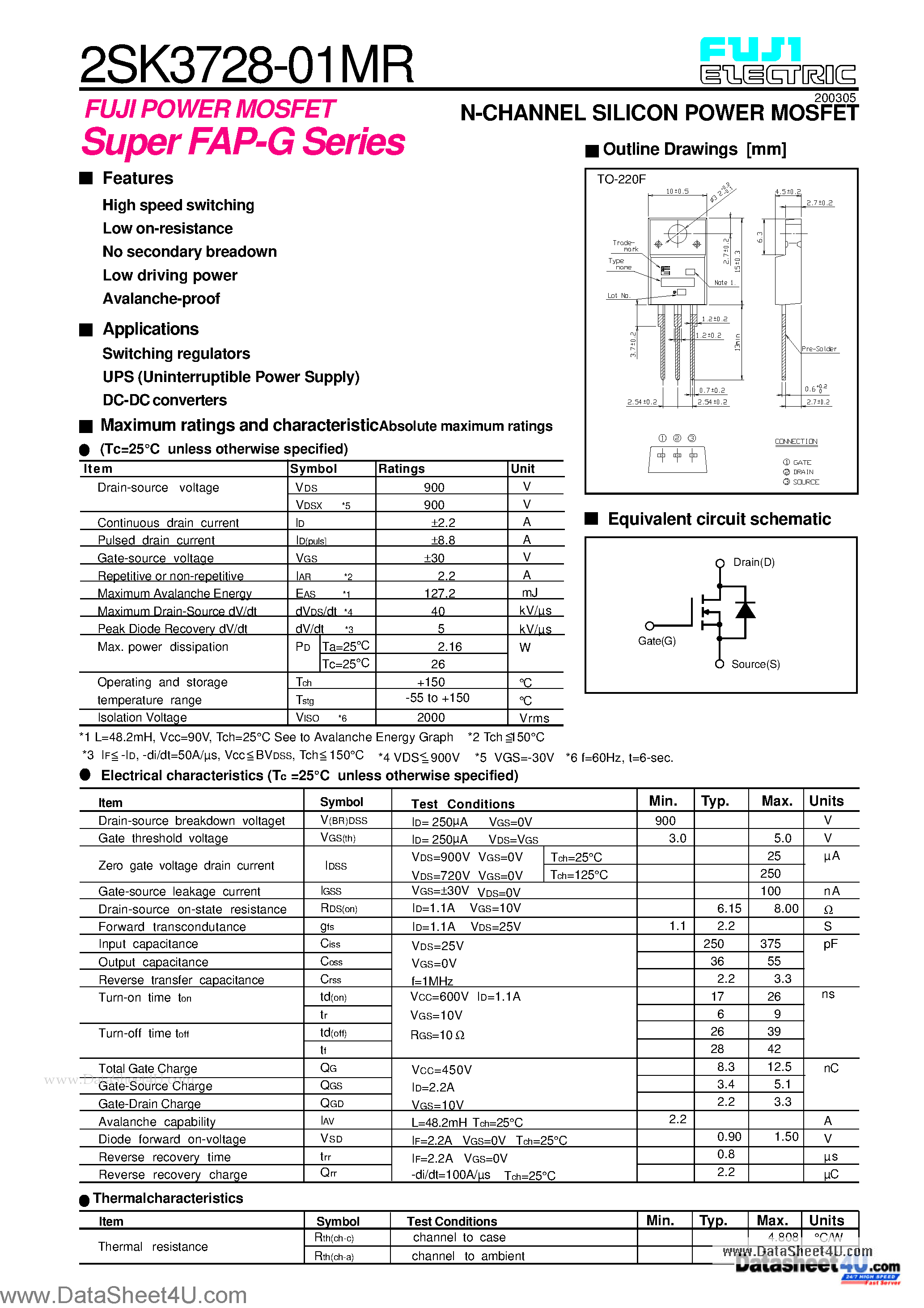 Datasheet K3728-01MR - Search -----> 2SK3728-01MR page 1