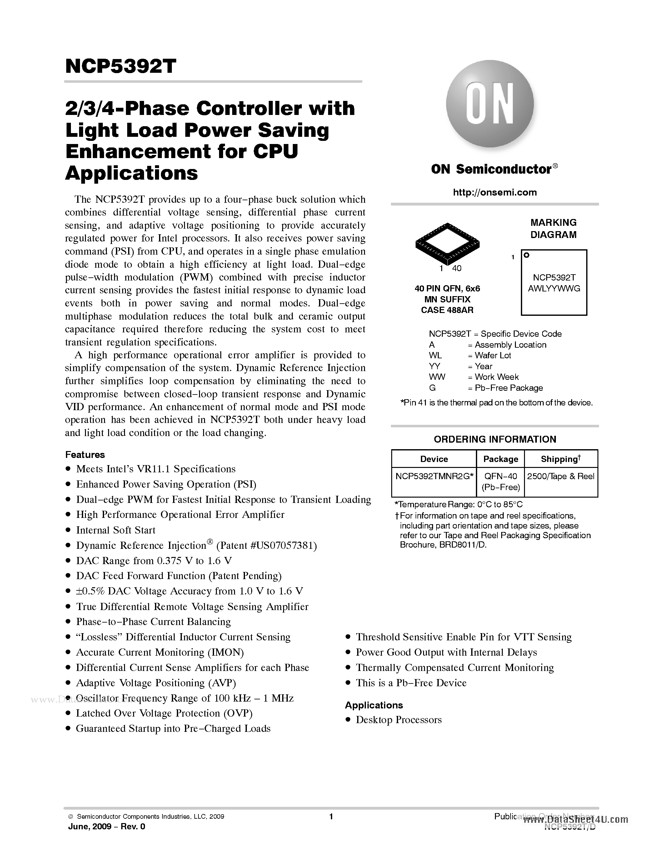 Даташит NCP5392T - 2/3/4-Phase Controller with Light Load Power Saving Enhancement страница 1