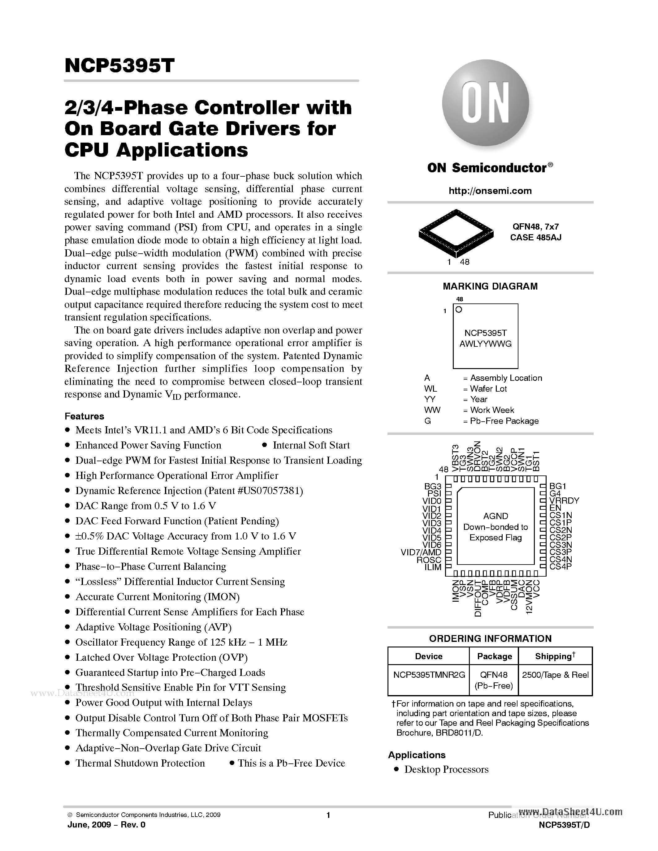 Даташит NCP5395T - 2/3/4-Phase Controller with On Board Gate Drivers страница 1